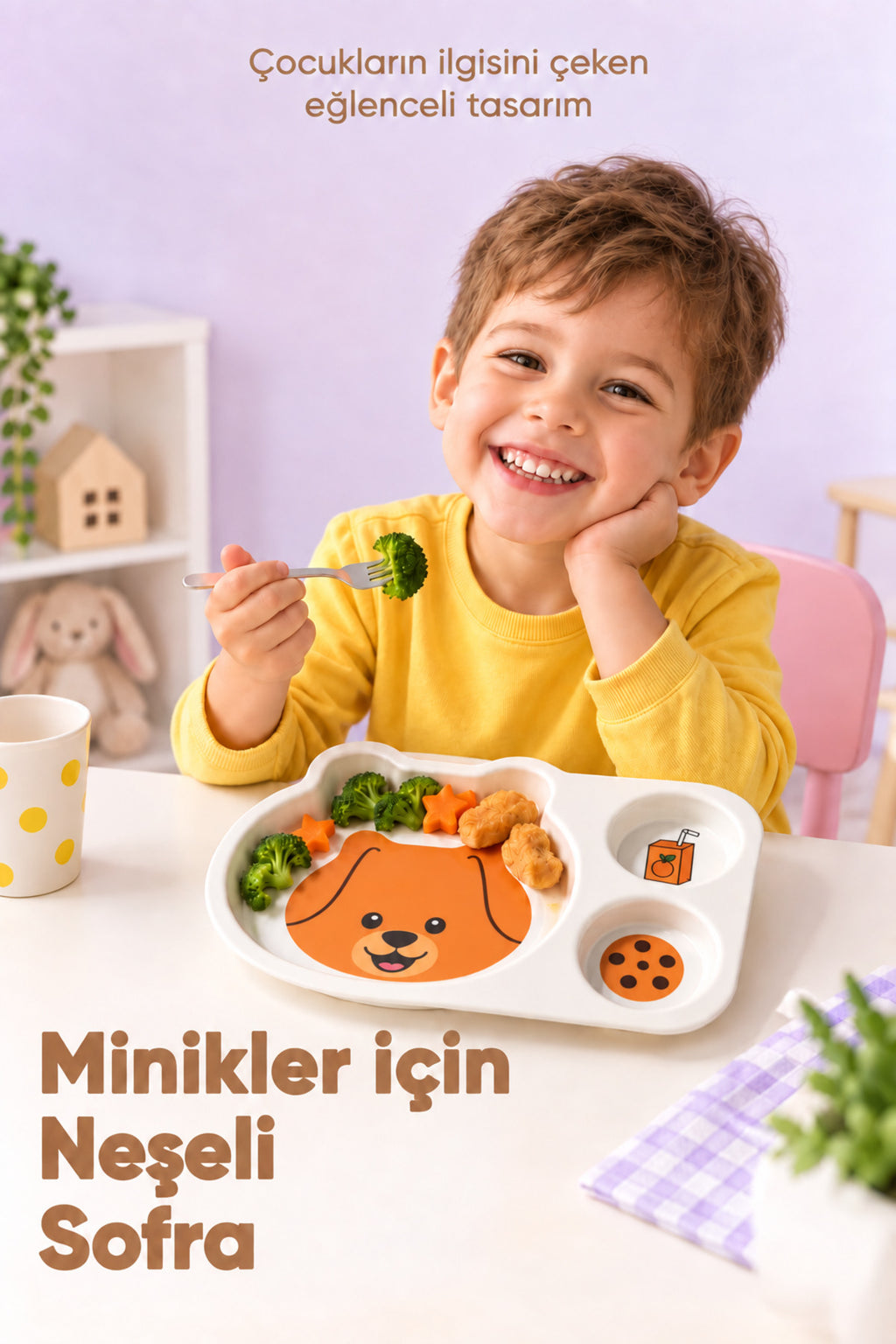 3 Bölmeli Hayvan Desenli Melamin Çocuk Tabağı-Ekstra Dayanıklı BPA Free Beslenme Tabağı-Köpek