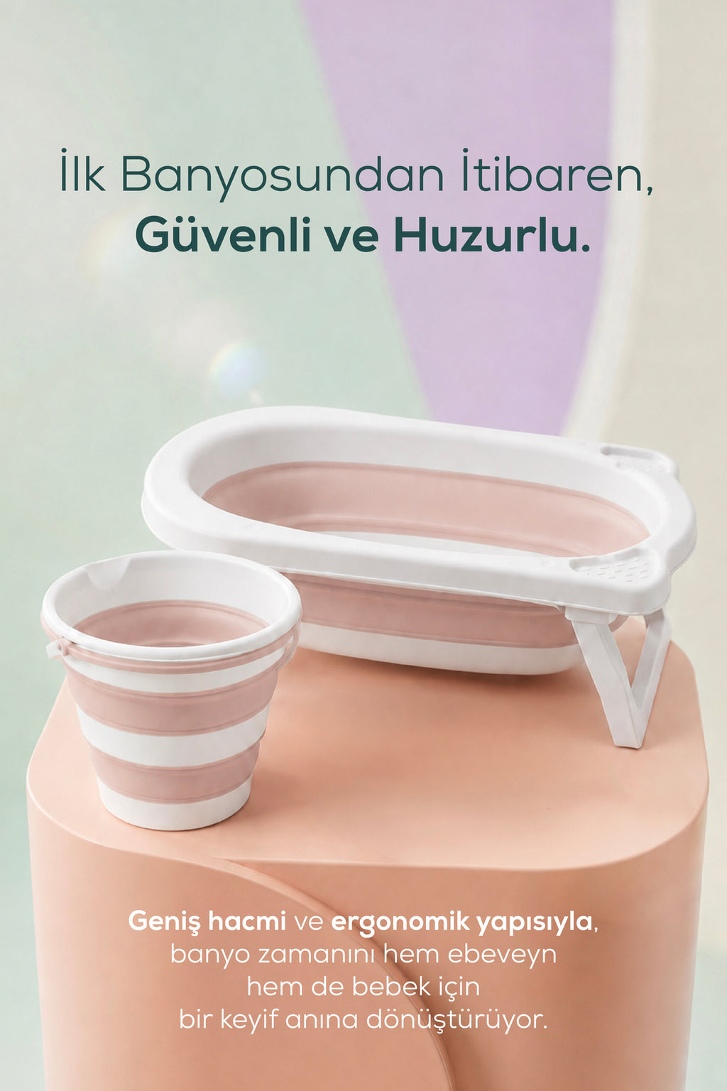 2'li Katlanır Bebek Banyo Seti - Katlanır Bebek Küveti, ,Kova Seti-Pembe