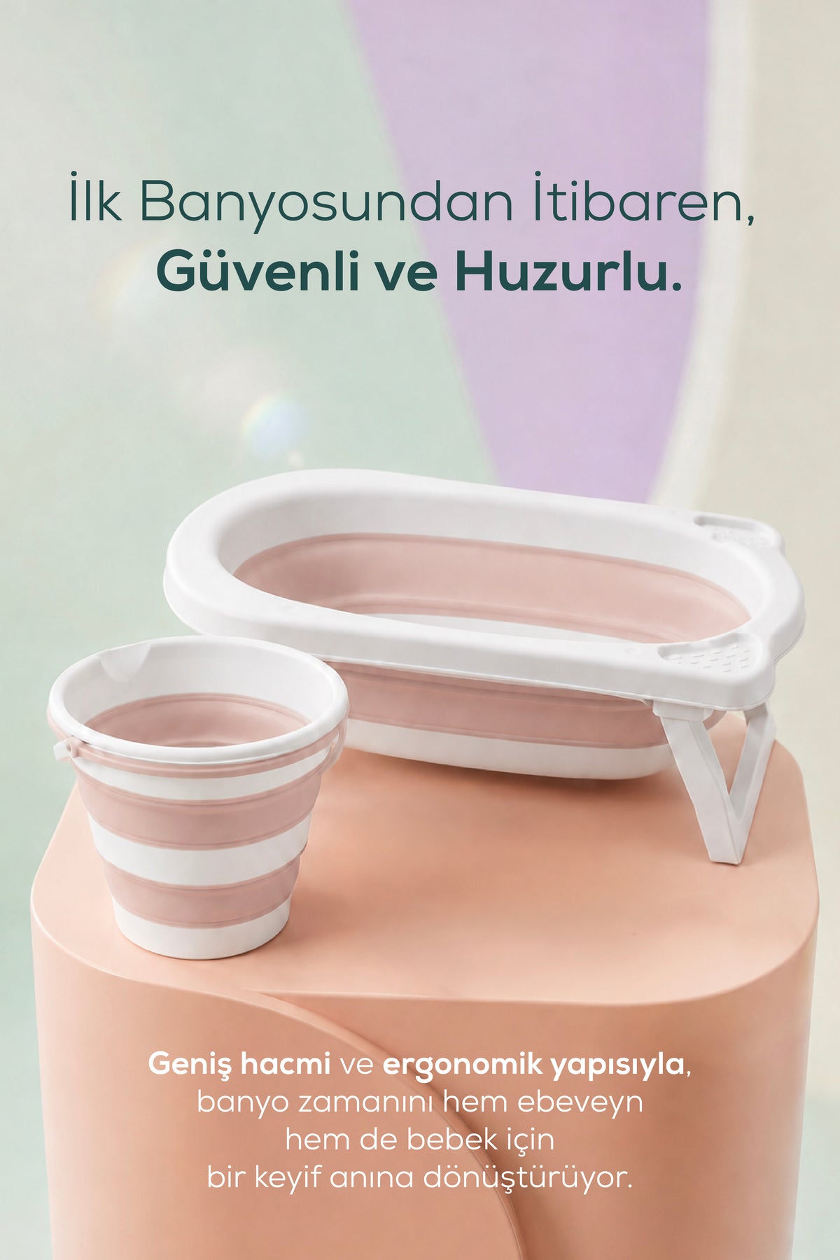 2'li Katlanır Bebek Banyo Seti - Katlanır Bebek Küveti, ,Kova Seti-Pembe