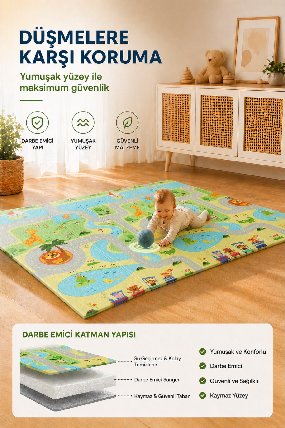 Katlanabilir Oyun Halısı ,Oyun Matı - Tek Taraflı Katlanır Mat, Oyun Matı 200x130 cm-Yeşil Yol