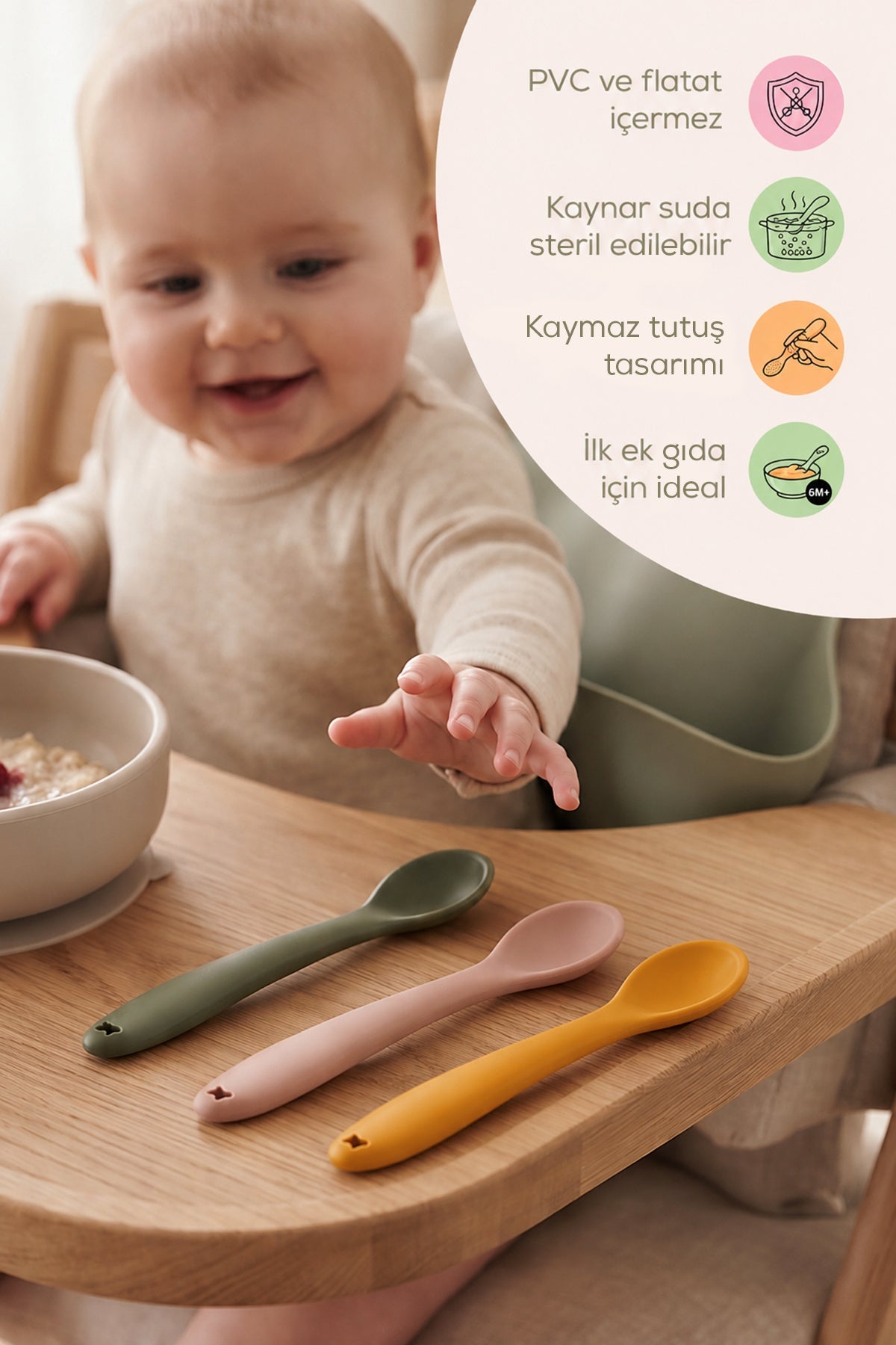 6'lı Yumuşak Uçlu , Dişlik özellikli Silikon Mama Kaşığı - Bebek Beslenme Kaşığı-Yeşil/Turuncu/Pembe wumboo-color-yesil-turuncu