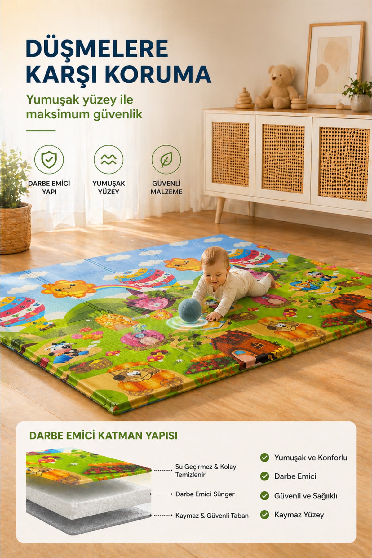 Katlanabilir Oyun Halısı ,Oyun Matı - Tek Taraflı Katlanır Mat, Oyun Matı 200x130 cm-Eğlence Parkı