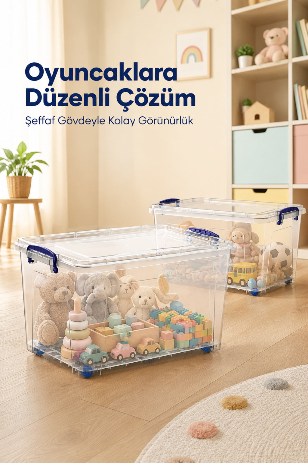 2'li Tekerlekli 42 Lt Oyuncak Saklama Kutusu, Oyuncak Düzenleyici-Çocuk Odası Düzenleyici Organizer