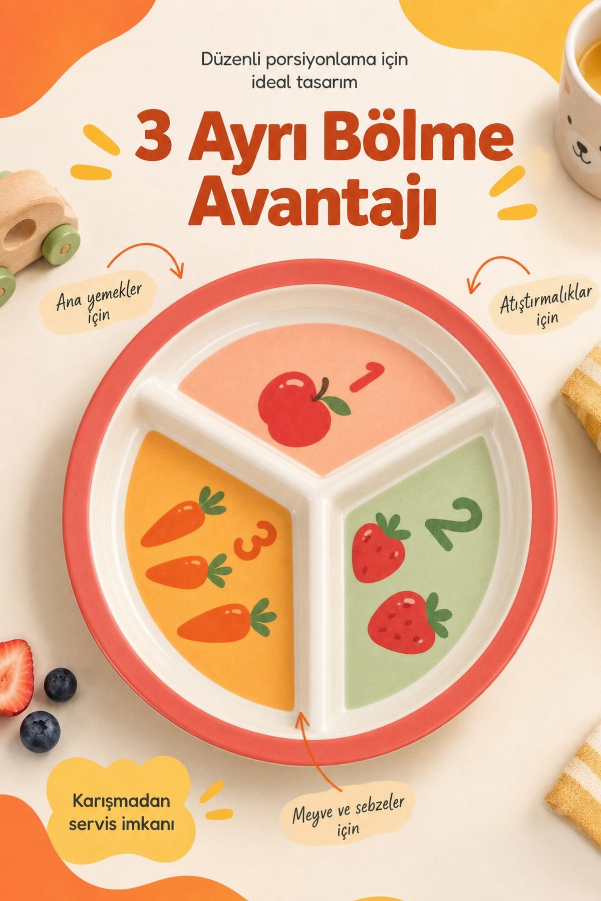 3 Bölmeli Melamin Çocuk Tabağı-Ekstra Dayanıklı BPA Free Beslenme Tabağ-Eğitici Sayılar Çocuk Tabağı