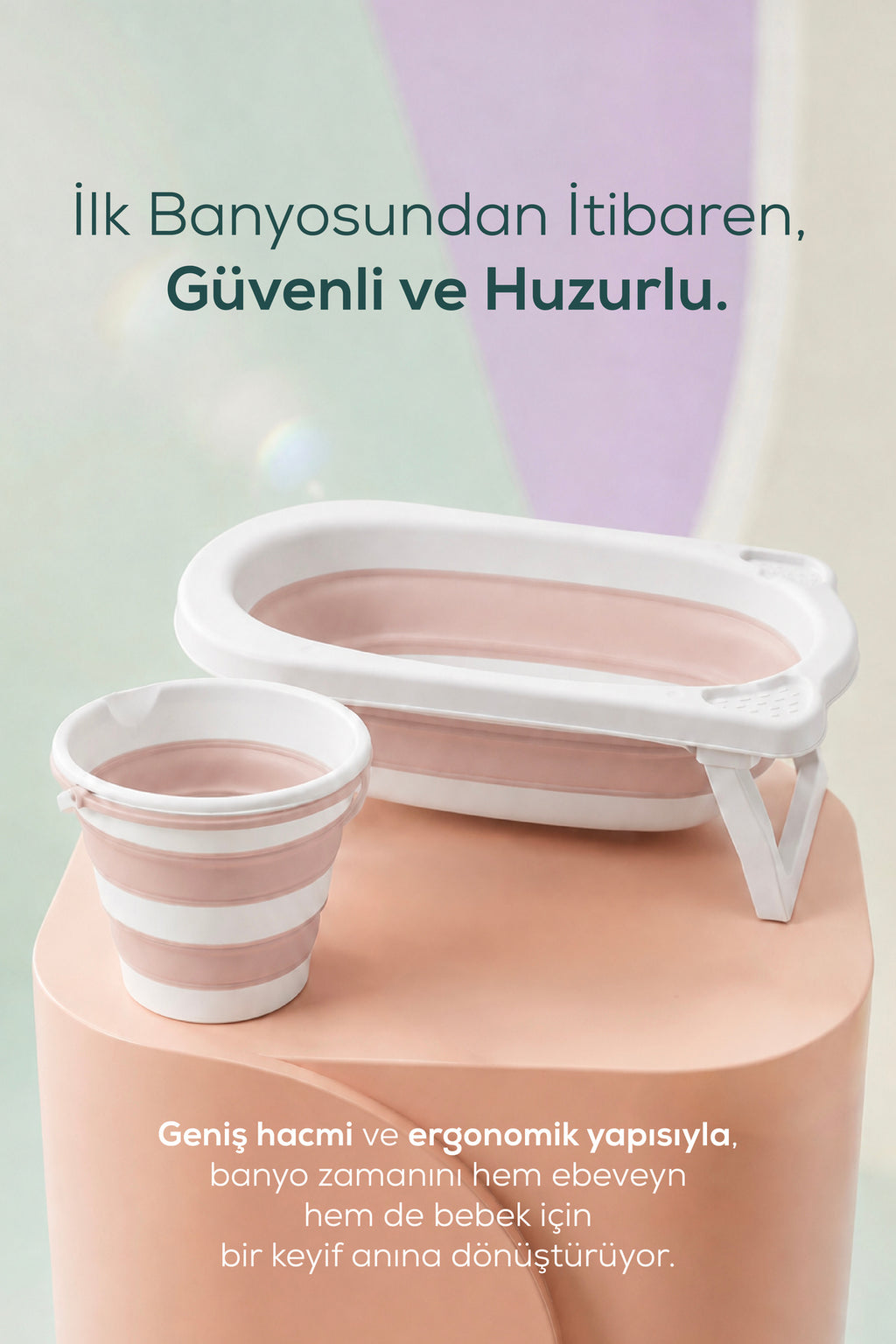 2'li Katlanır Bebek Banyo Seti - Katlanır Bebek Küveti,Kova Seti -2 Sünger Hediyeli-Pembe