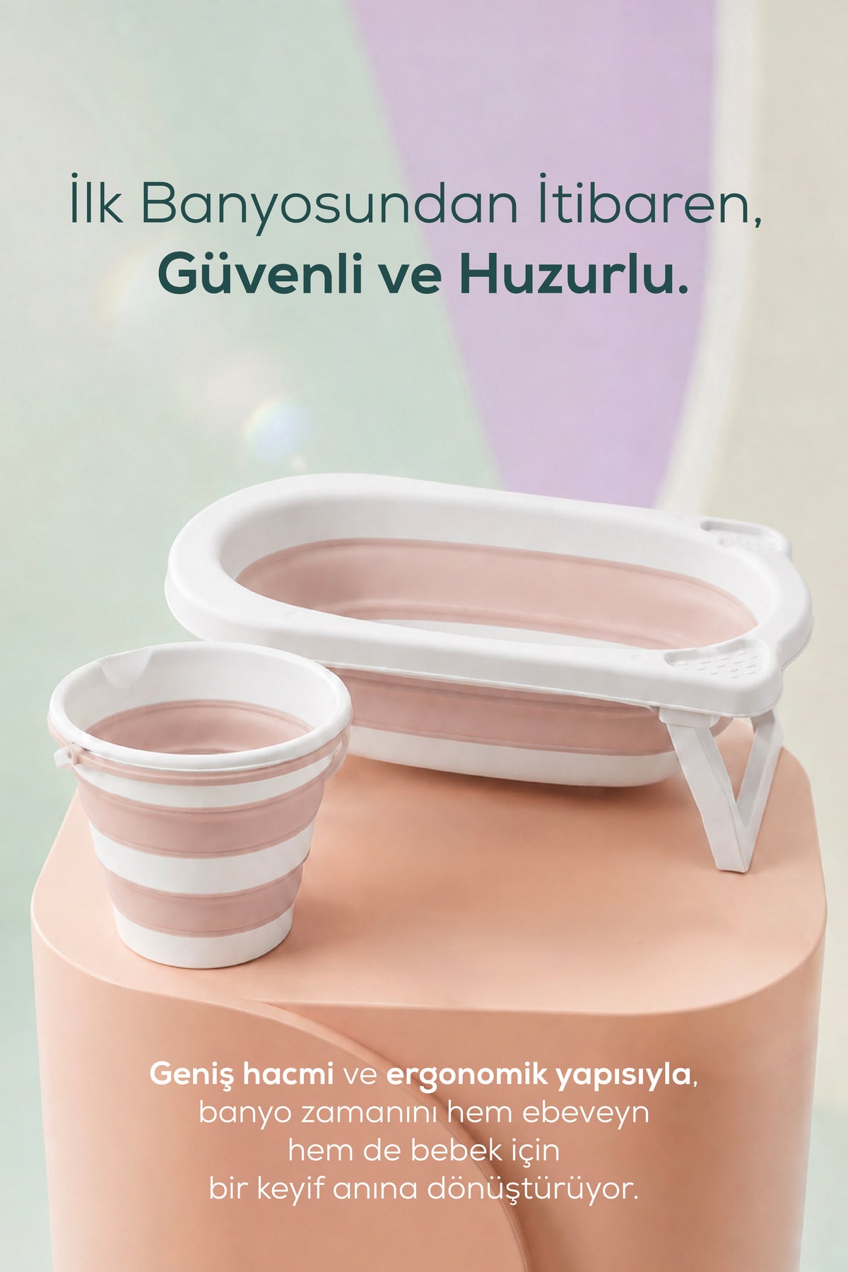 2'li Katlanır Bebek Banyo Seti - Katlanır Bebek Küveti,Kova Seti -2 Sünger Hediyeli-Pembe