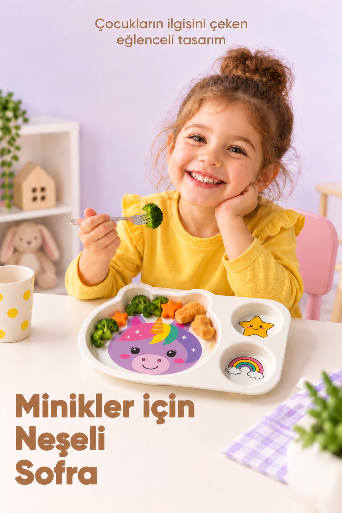 3 Bölmeli Hayvan Desenli Melamin Çocuk Tabağı-Ekstra Dayanıklı BPA Free Beslenme Tabağı- Unicorn