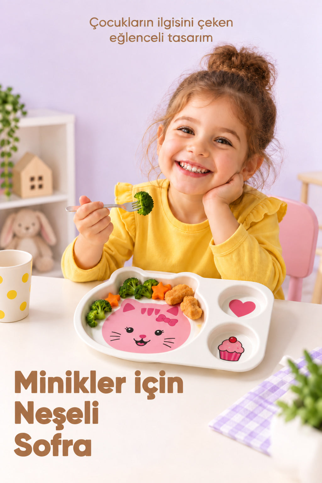 3 Bölmeli Hayvan Desenli Melamin Çocuk Tabağı-Ekstra Dayanıklı BPA Free Beslenme Tabağı- Pembe Kedi