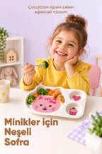 3 Bölmeli Hayvan Desenli Melamin Çocuk Tabağı-Ekstra Dayanıklı BPA Free Beslenme Tabağı- Pembe Kedi