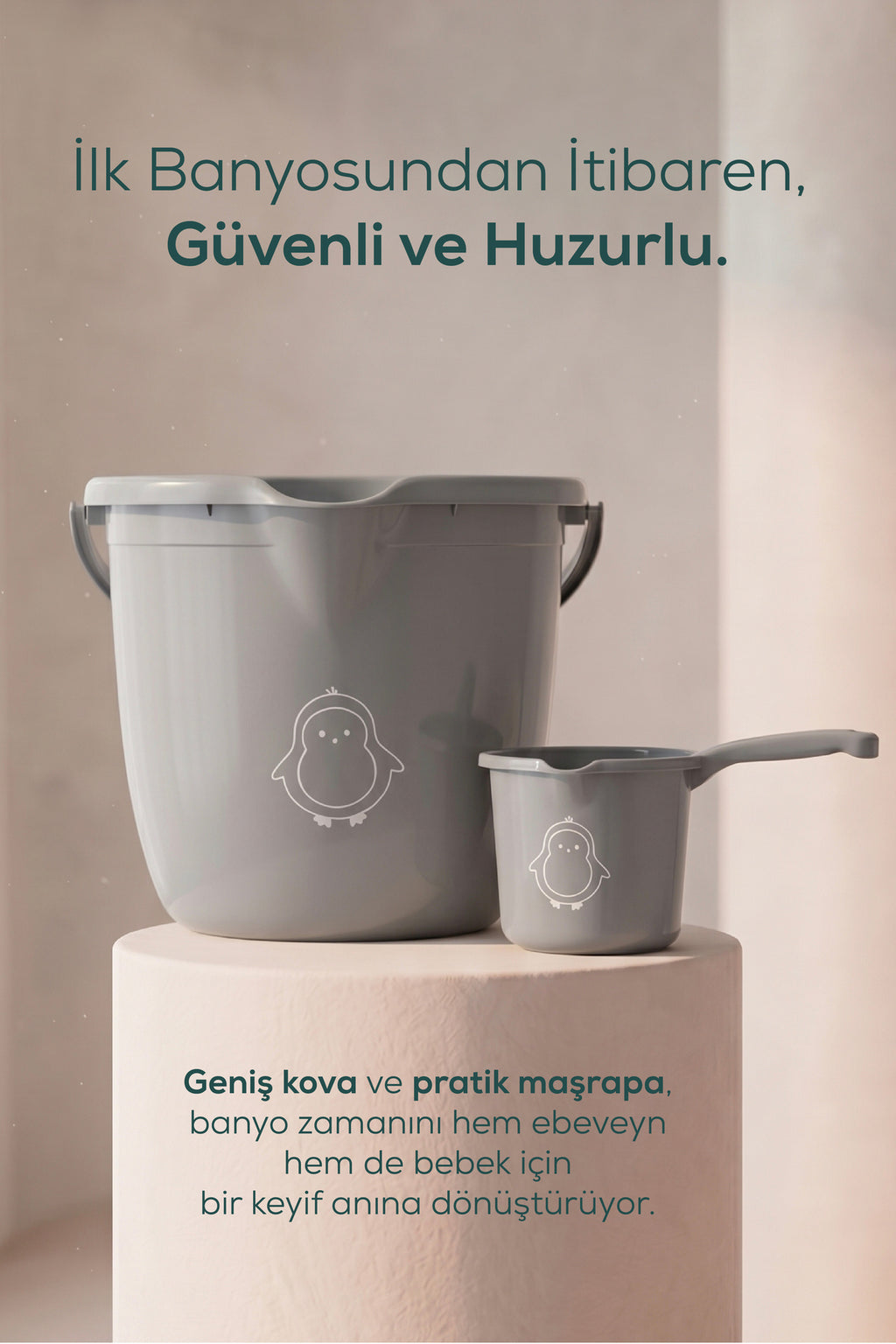 2'li Bebek Banyo Yıkama Seti - Bebek Banyo Su Kovası - Bebek Maşrapa - Gri