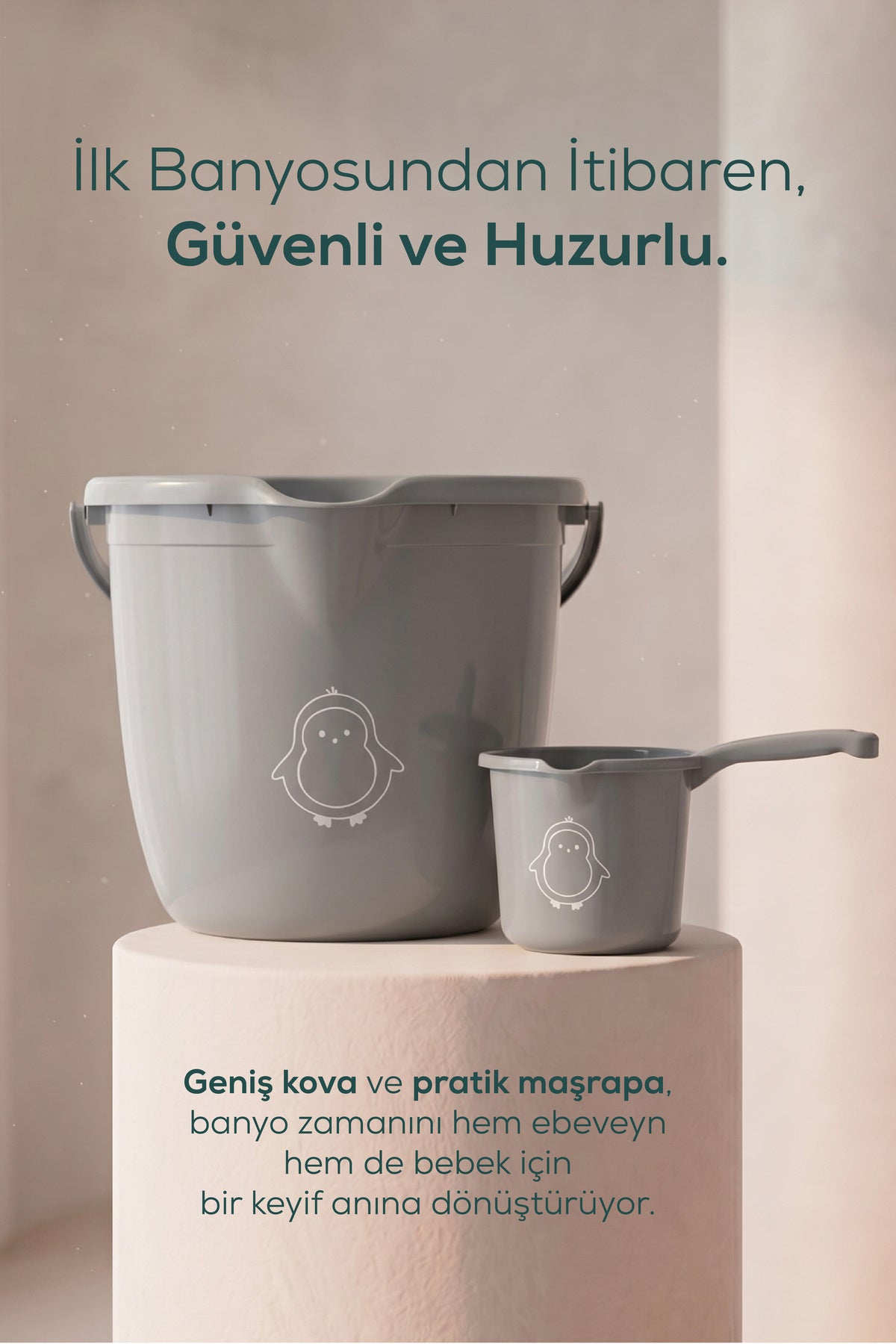 2'li Bebek Banyo Yıkama Seti - Bebek Banyo Su Kovası - Bebek Maşrapa - Gri