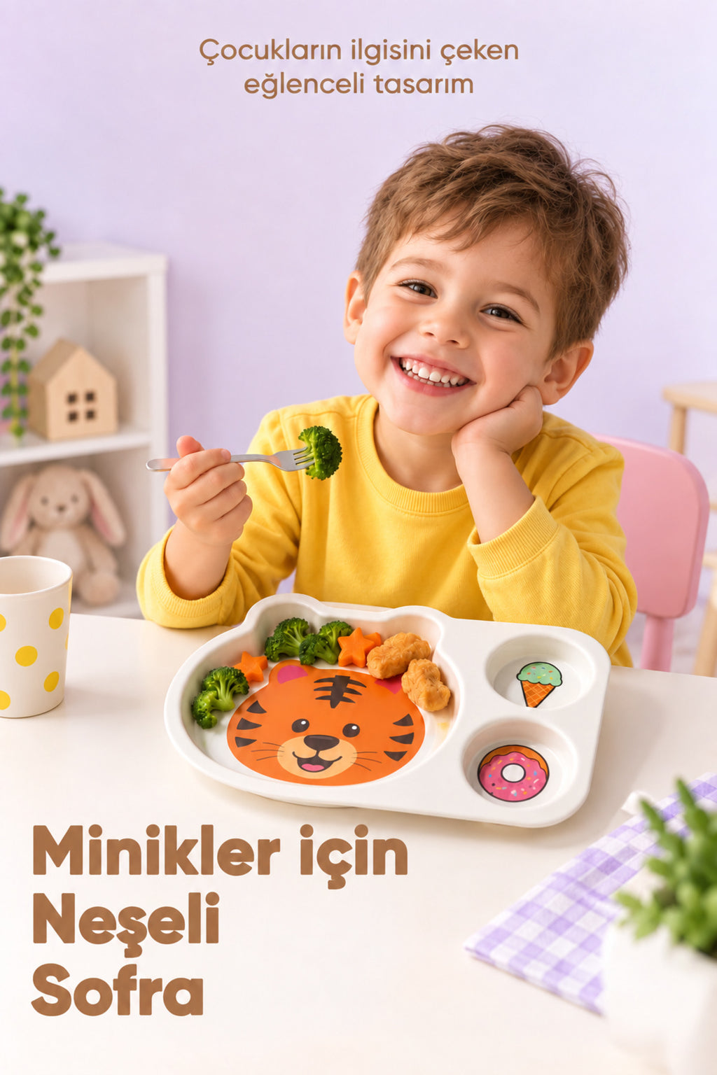 3 Bölmeli Hayvan Desenli Melamin Çocuk Tabağı-Ekstra Dayanıklı BPA Free Beslenme Tabağı- Kaplan