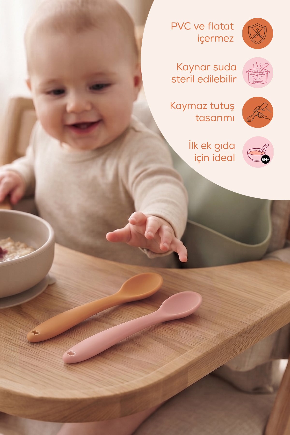 2'li Yumuşak Uçlu , Dişlik özellikli Silikon Mama Kaşığı - Bebek Beslenme Kaşığı-Turuncu/Pembe