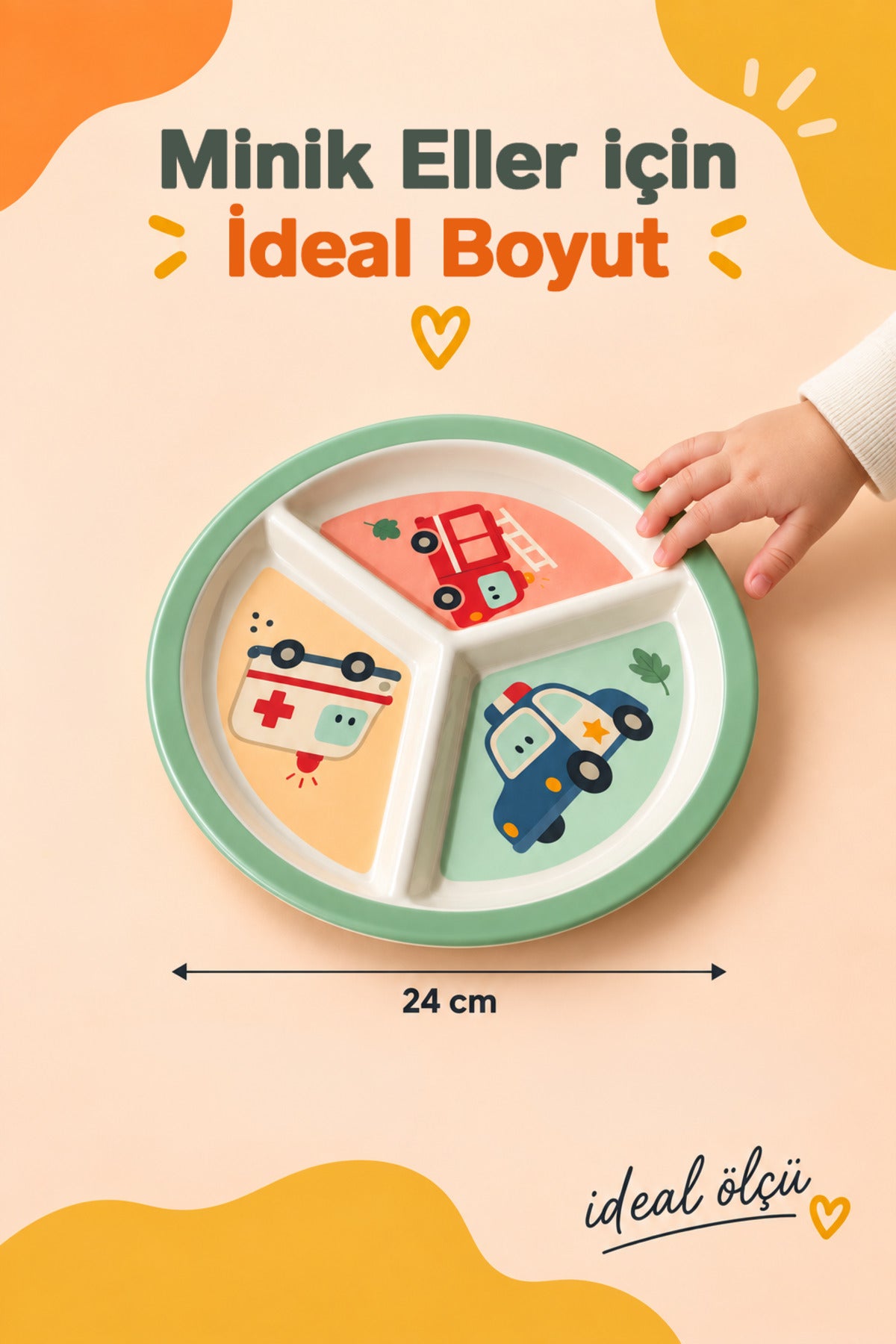 3 Bölmeli Melamin Çocuk Tabağı-Mama Tabağı-Ekstra Dayanıklı BPA Free Beslenme Tabağı- Araba