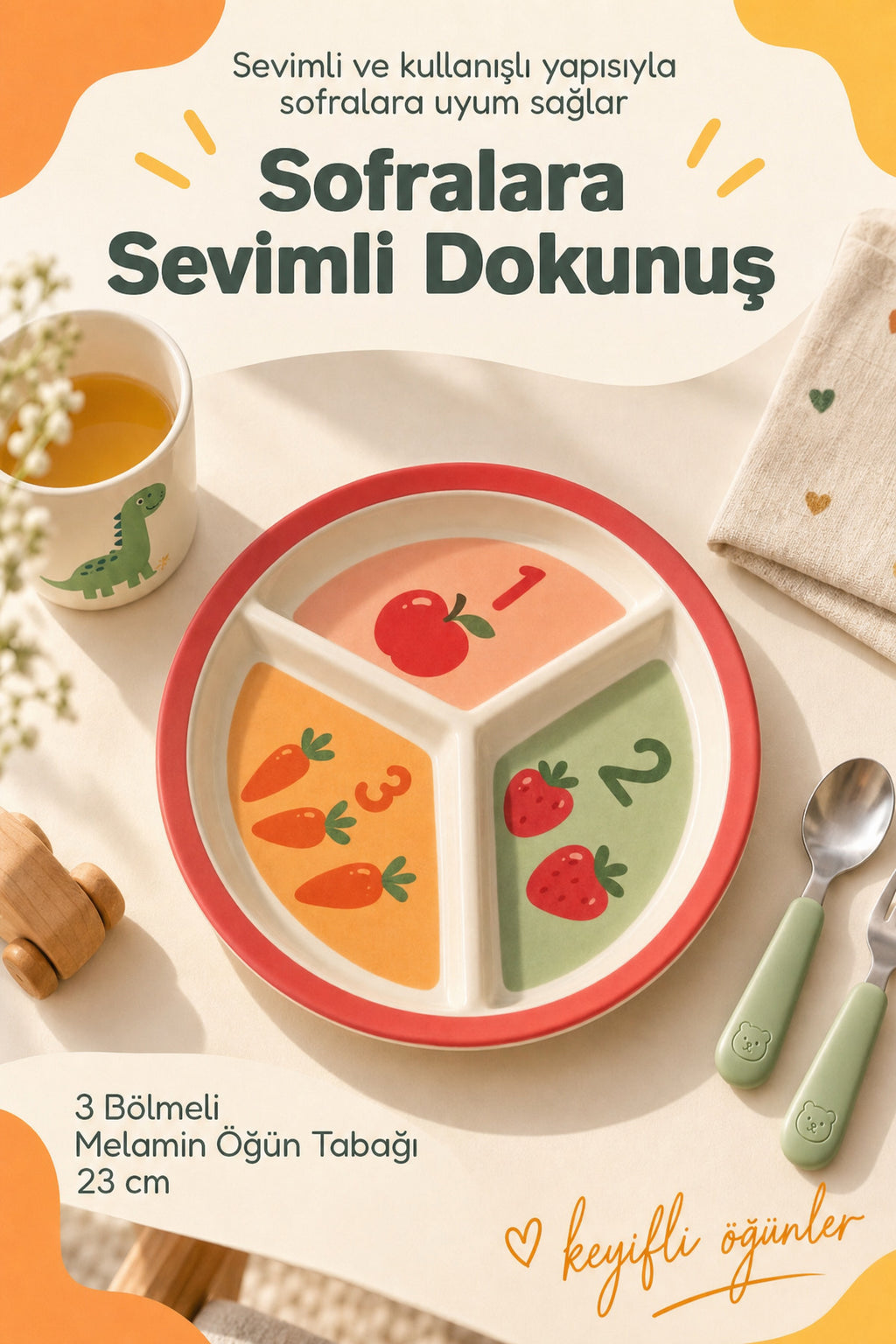 3 Bölmeli Melamin Çocuk Tabağı-Ekstra Dayanıklı BPA Free Beslenme Tabağ-Eğitici Sayılar Çocuk Tabağı
