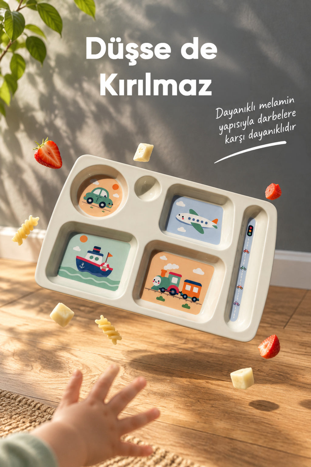 6 Bölmeli Melamin Çocuk Tabağı-Mama Tabağı-Ekstra Dayanıklı BPA Free Beslenme Tabağı- Araba