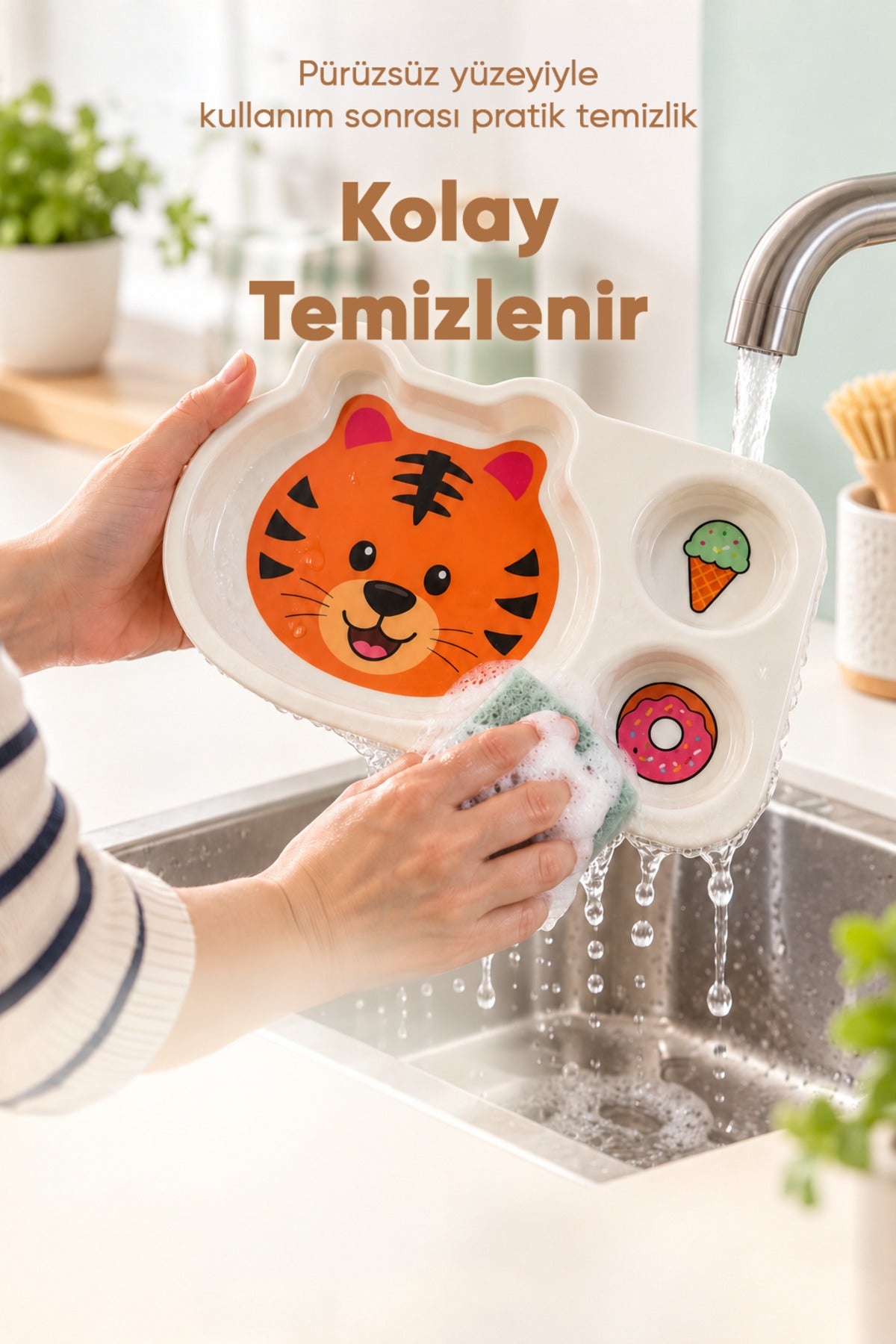 3 Bölmeli Hayvan Desenli Melamin Çocuk Tabağı-Ekstra Dayanıklı BPA Free Beslenme Tabağı- Kaplan