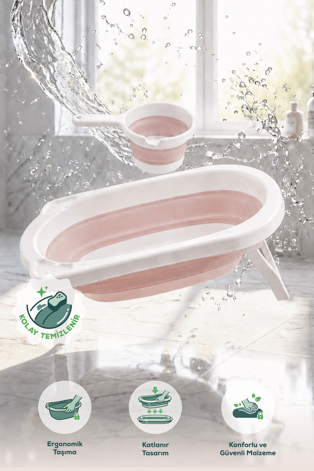2'li Katlanır Bebek Banyo Seti - Katlanır Bebek Küveti, Maşrapa Setii-Pembe