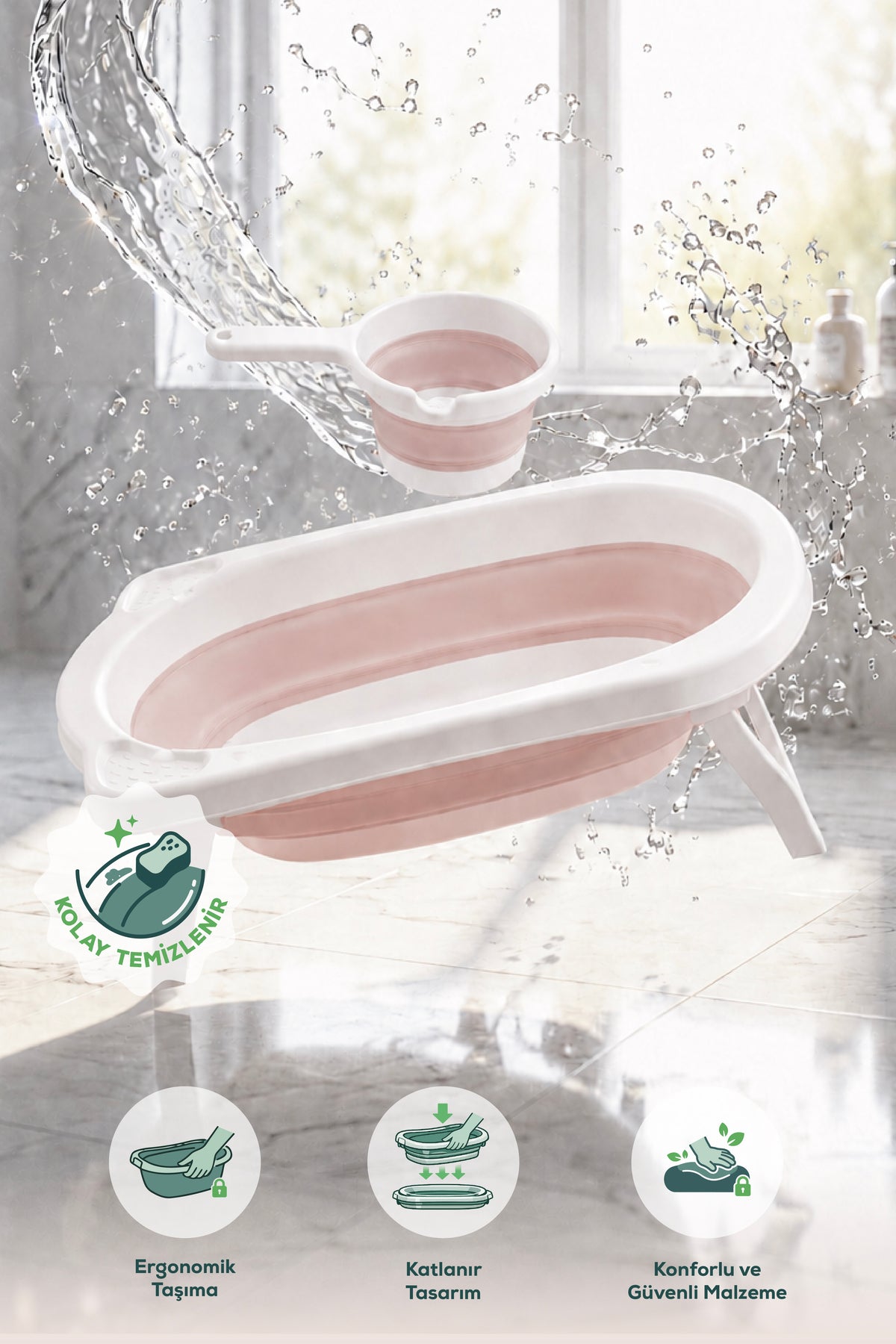 2'li Katlanır Bebek Banyo Seti - Katlanır Bebek Küveti, Maşrapa Setii-Pembe