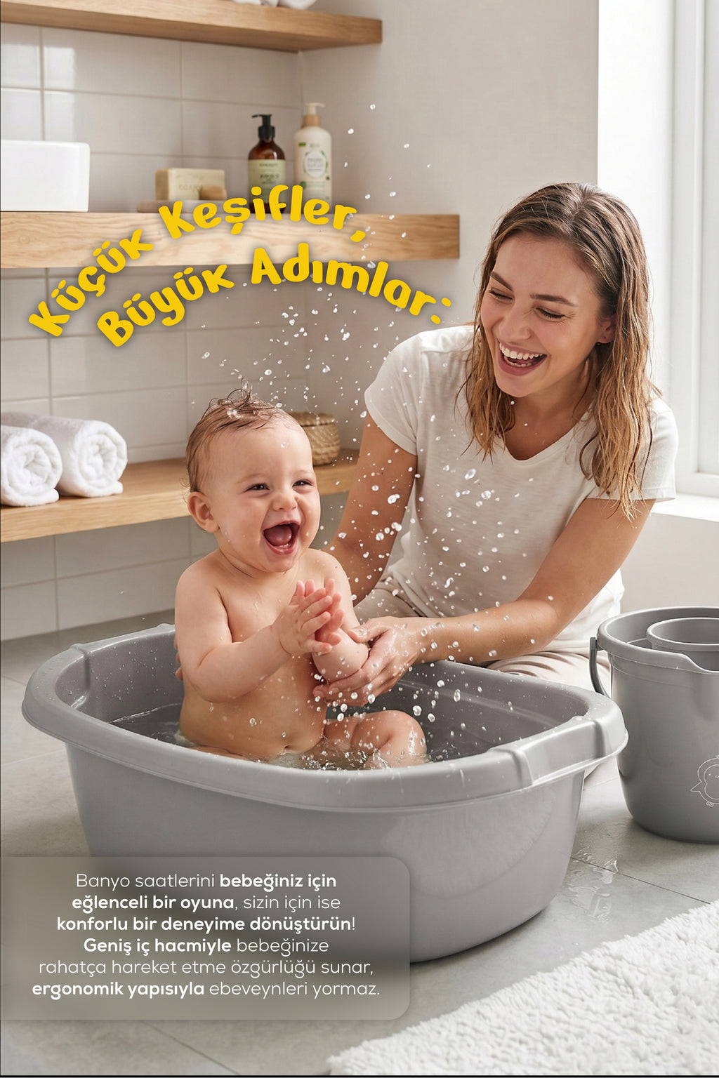 3’lü Bebek Banyo Yıkama Seti - Bebek Yıkama Küveti - Bebek Banyo Su Kovası - Maşrapa - Gri