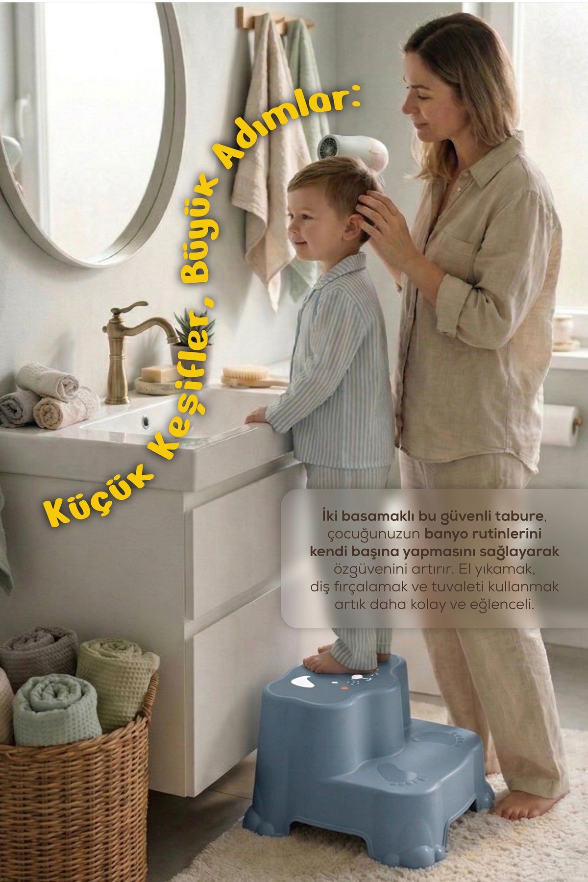 Kaydırmaz Çocuk Basamağı - Çift Katlı Banyo Merdiven Yükseltici Bebek Basamağı -Mavi