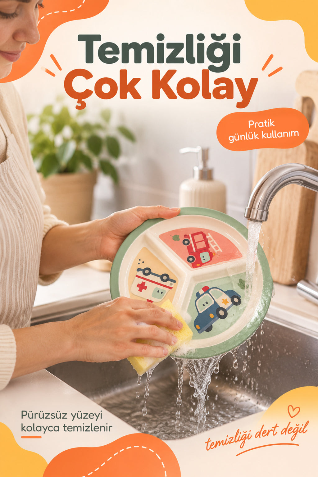 3 Bölmeli Melamin Çocuk Tabağı-Mama Tabağı-Ekstra Dayanıklı BPA Free Beslenme Tabağı- Araba