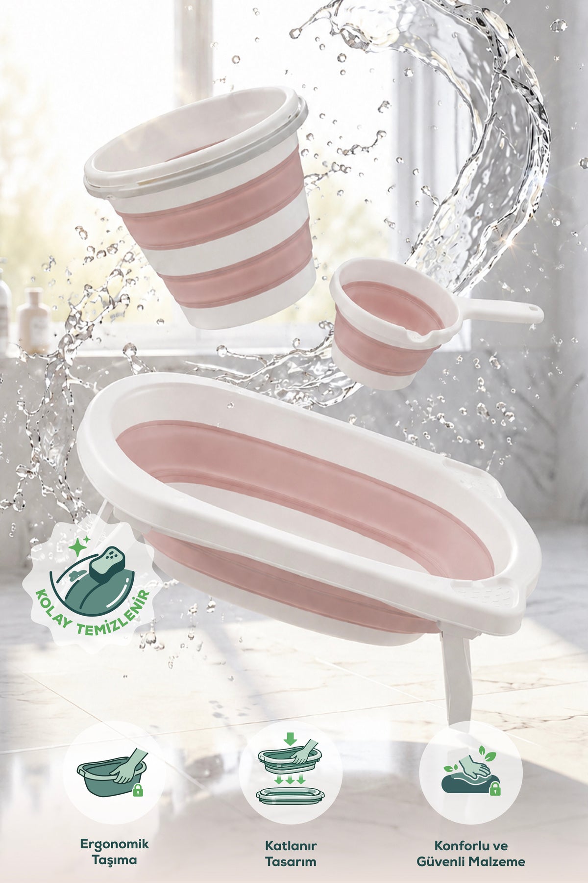 3'lü Katlanır Bebek Banyo Seti - Katlanır Bebek Küveti, Maşrapa,Kova Seti-Pembe