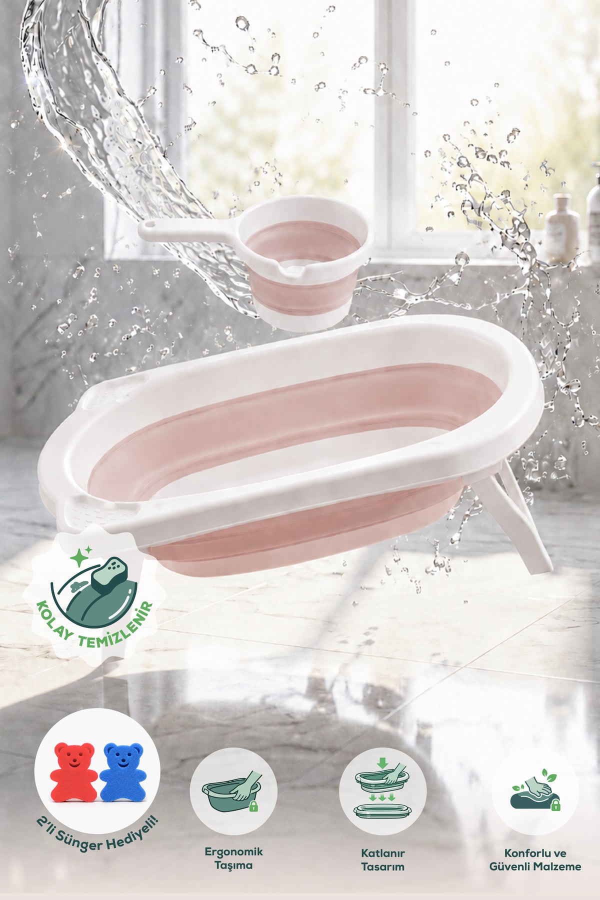 2'li Katlanır Bebek Banyo Seti - Katlanır Bebek Küveti, Maşrapa Seti,-2 Sünger Hediyeli-Pembe