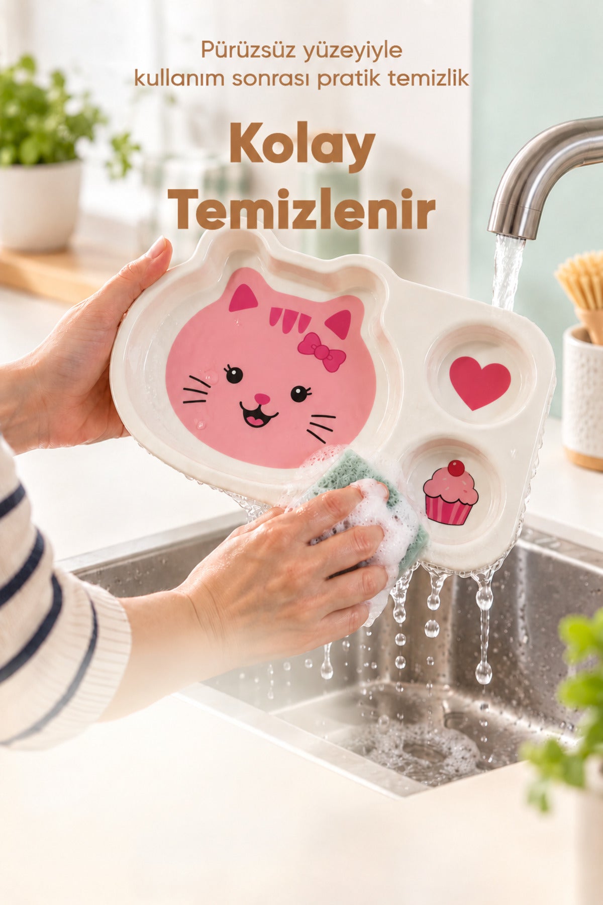 3 Bölmeli Hayvan Desenli Melamin Çocuk Tabağı-Ekstra Dayanıklı BPA Free Beslenme Tabağı- Pembe Kedi