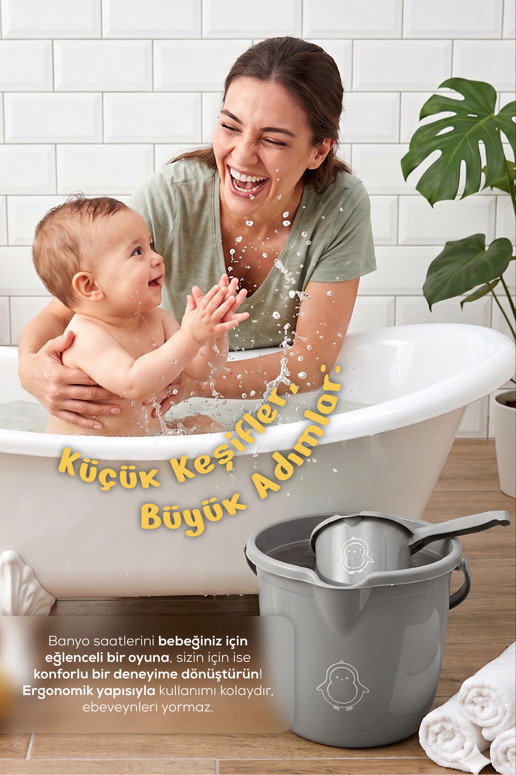2'li Bebek Banyo Yıkama Seti - Bebek Banyo Su Kovası - Bebek Maşrapa - Gri