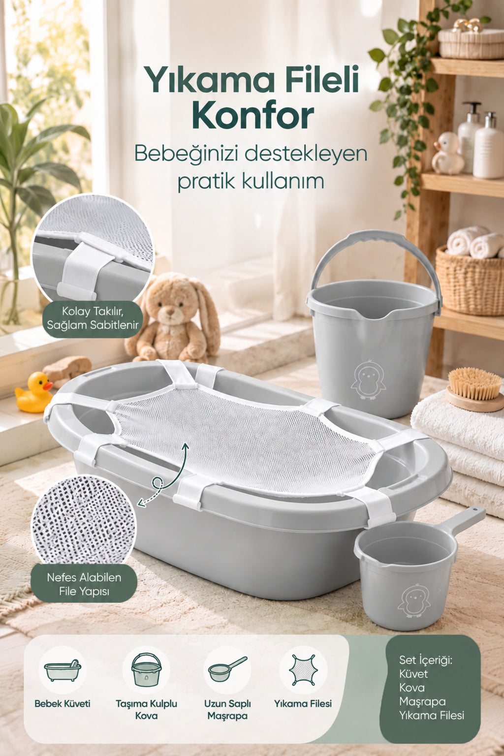 4'lü 42 Litre Bebek Küvet Seti File Hediyeli wumboo-color-gri