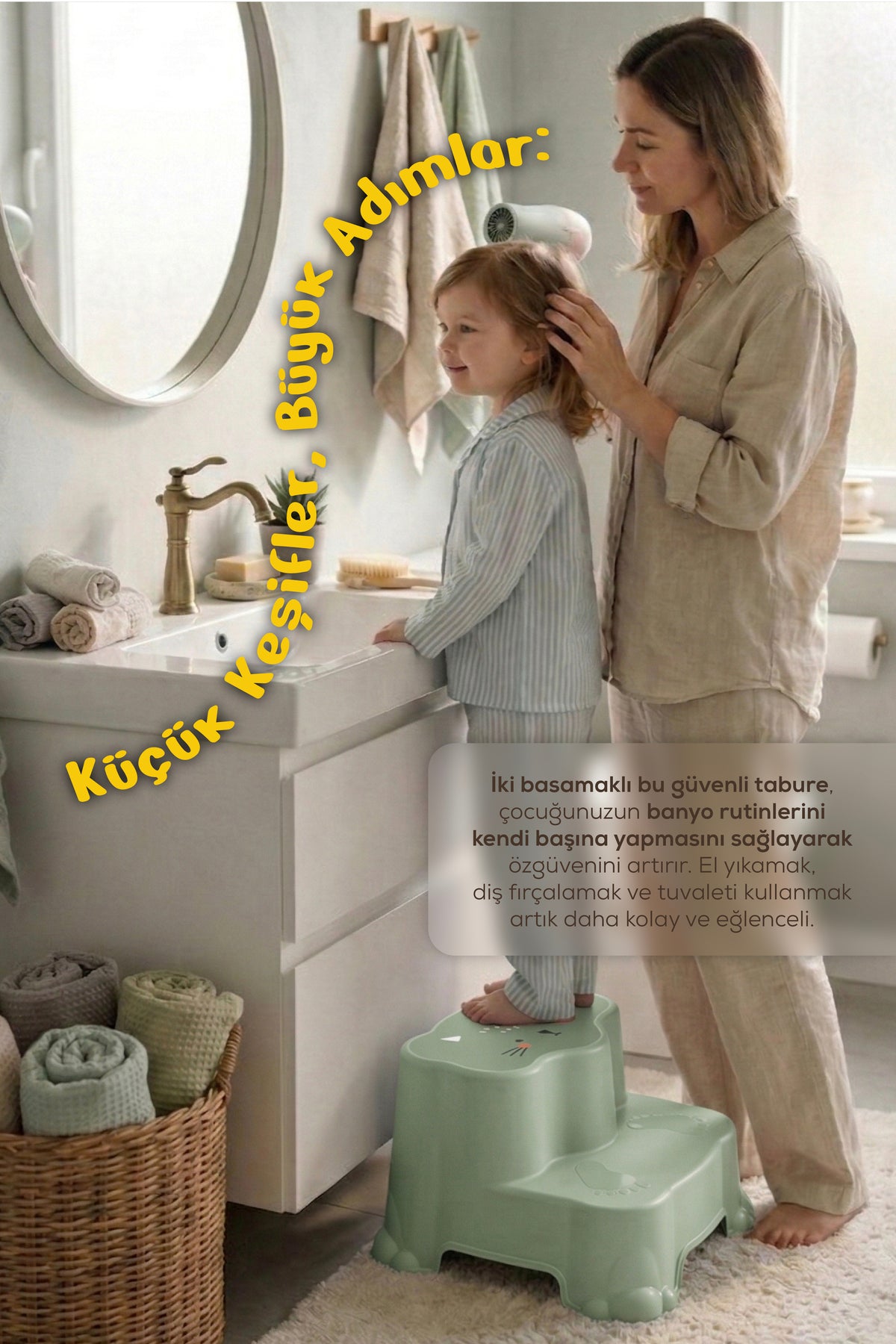Kaydırmaz Çocuk Basamağı - Çift Katlı Banyo Merdiven Yükseltici Bebek Basamağı -Yeşil
