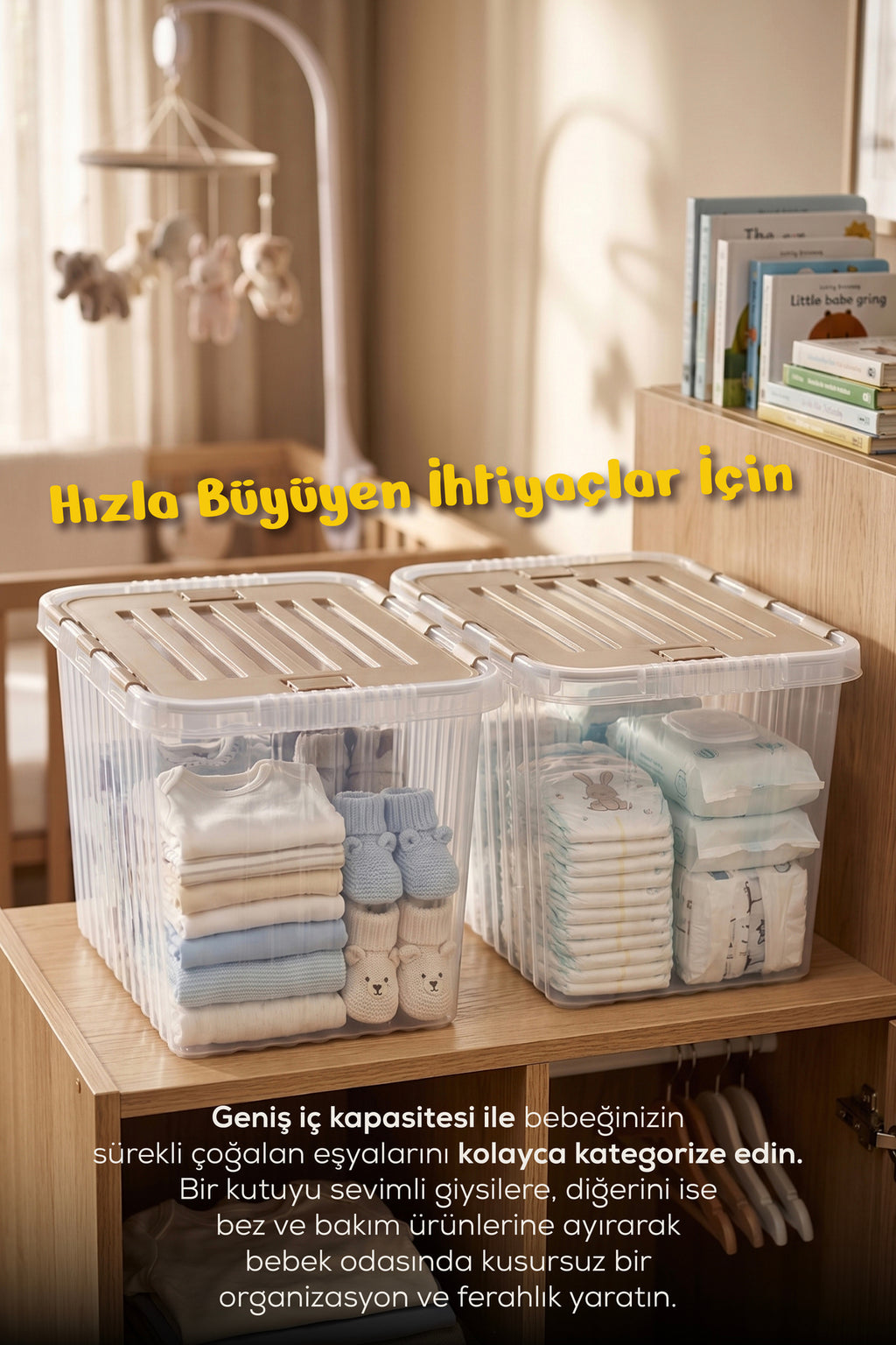 3 Adet Kilitli Kapak Oyuncak Saklama Kutusu - 16 Lt Çocuk Odası Düzenleyici, Oyuncak Saklama Kutusu-Bej