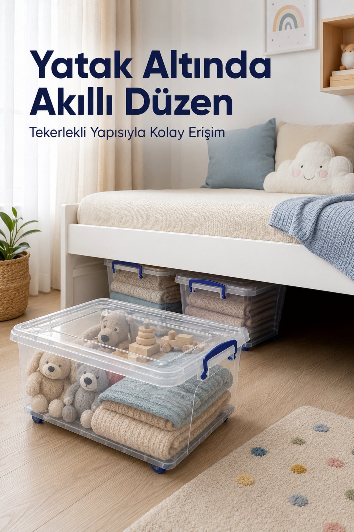 3'lü Tekerlekli 30 Lt Oyuncak Saklama Kutusu,Oyuncak Düzenleyici-Çocuk Odası Düzenleyici Organizer