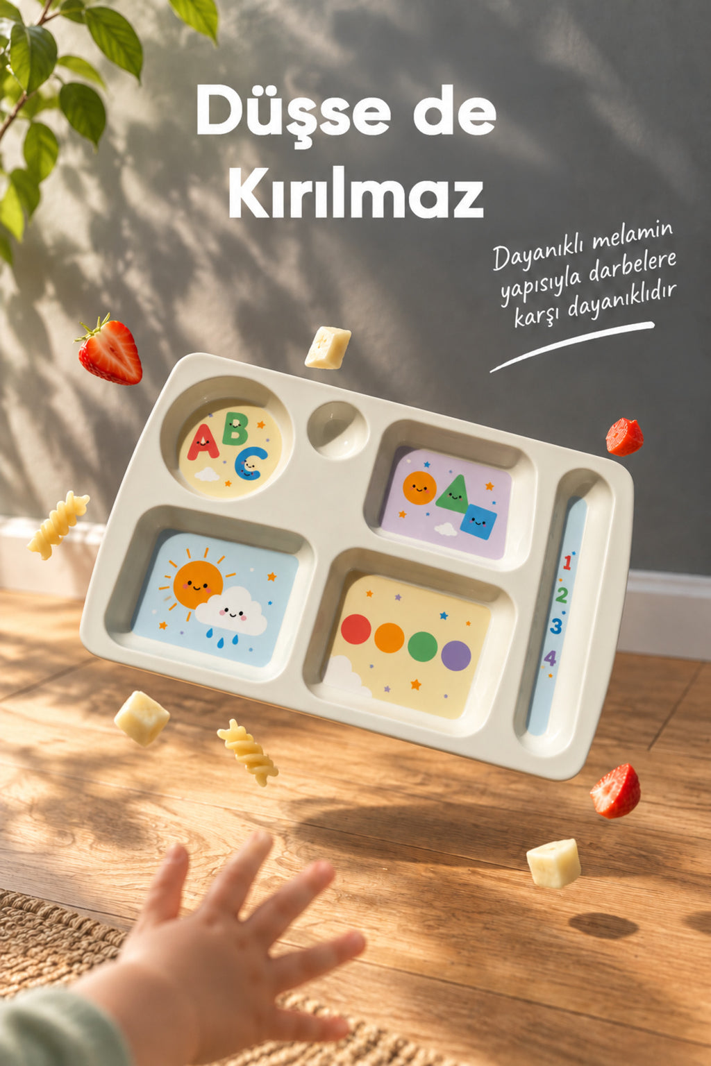 6 Bölmeli Melamin Çocuk Tabağı-Ekstra Dayanıklı BPA Free Beslenme Tabağı-Eğitici Çocuk Tabağı