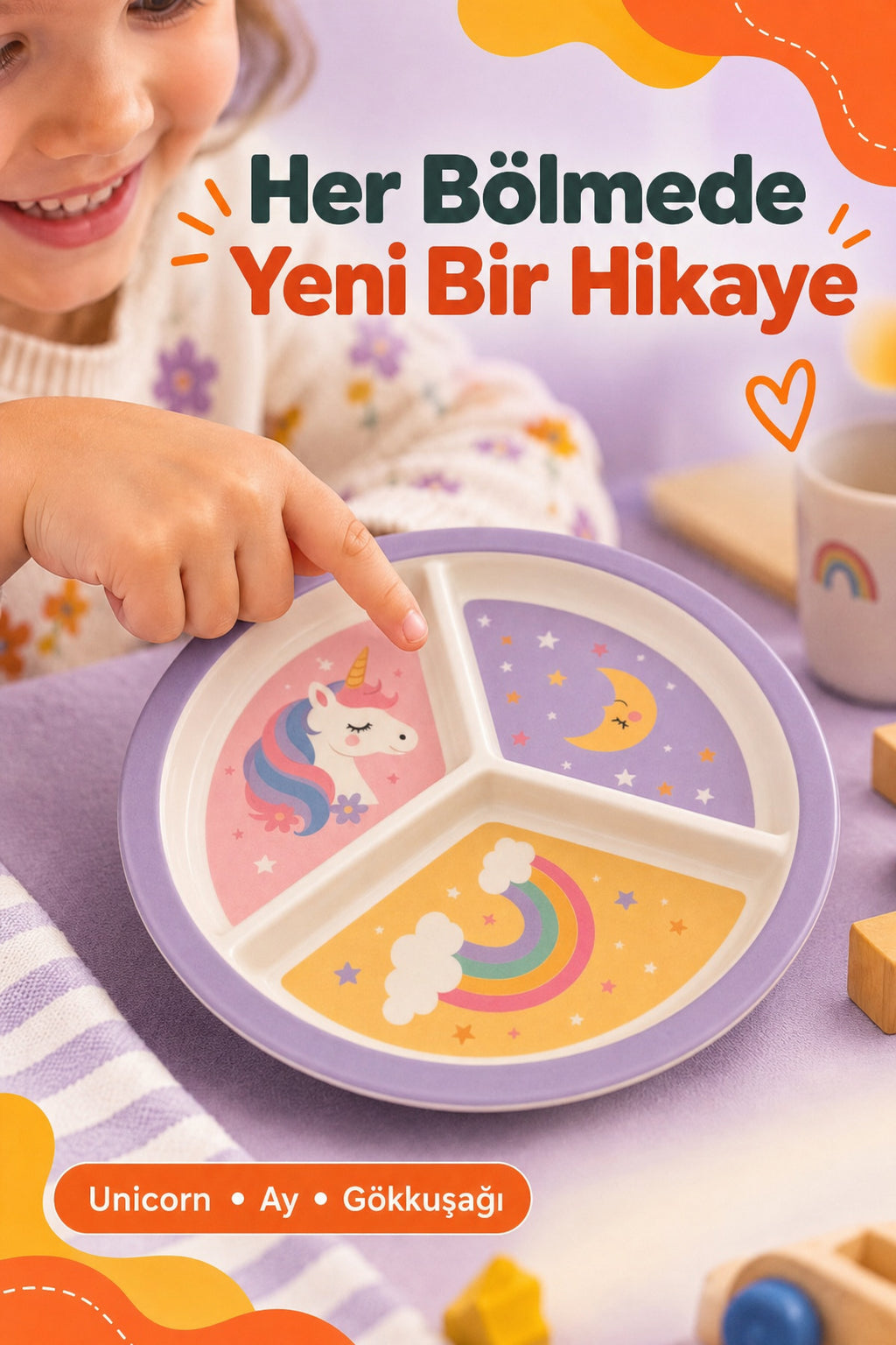 3 Bölmeli Melamin Çocuk Tabağı-Mama Tabağı-Ekstra Dayanıklı BPA Free Beslenme Tabağı- Unicorn
