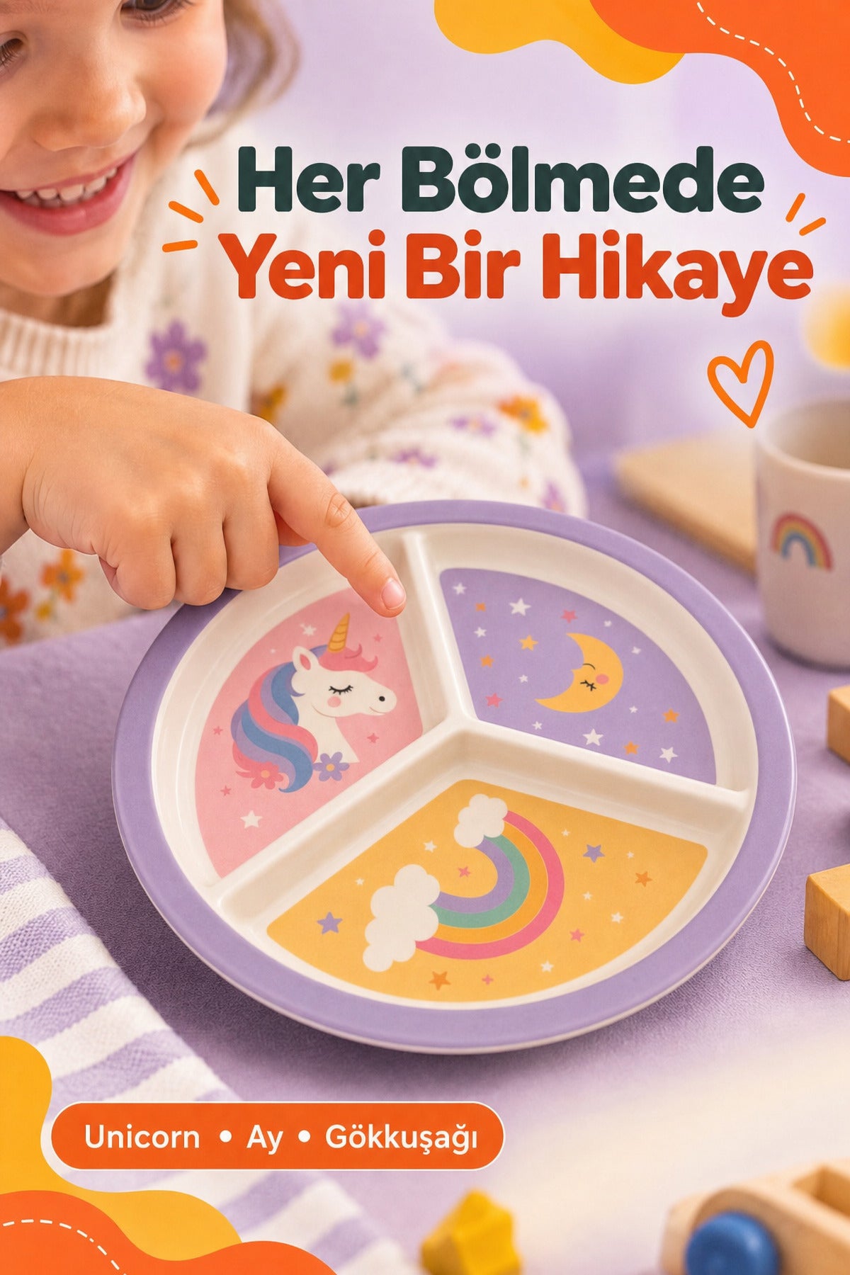 3 Bölmeli Melamin Çocuk Tabağı-Mama Tabağı-Ekstra Dayanıklı BPA Free Beslenme Tabağı- Unicorn