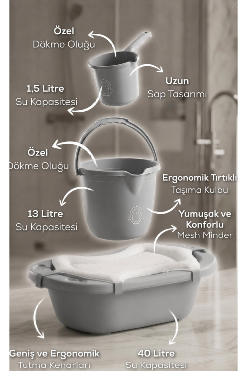 4'lü 40 Litre Bebek Banyo Seti Köpüklü File Hediyeli wumboo-color-gri