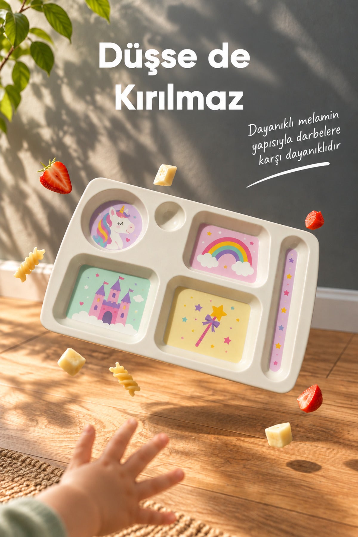 6 Bölmeli Melamin Çocuk Tabağı-Mama Tabağı-Ekstra Dayanıklı BPA Free Beslenme Tabağı- Unicorn