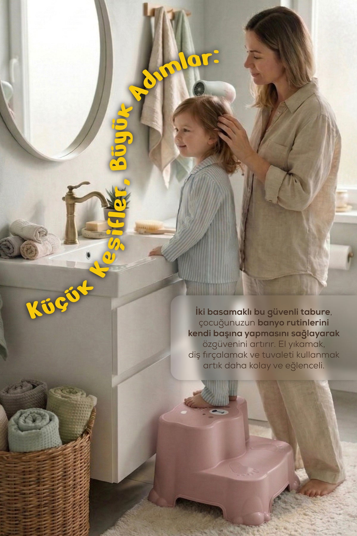 Kaydırmaz Çocuk Basamağı - Çift Katlı Banyo Merdiven Yükseltici Bebek Basamağı -Pembe
