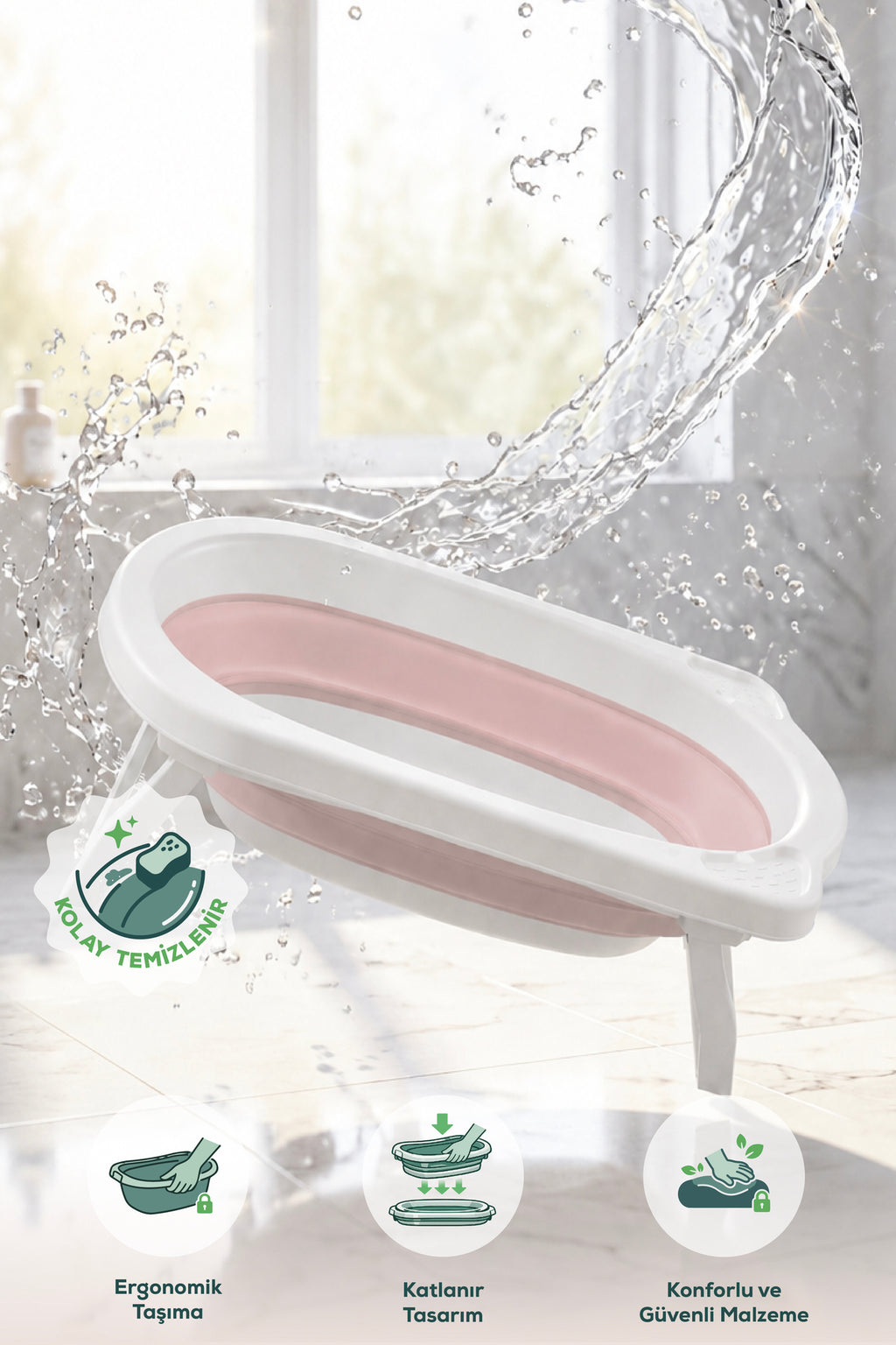 Katlanır Bebek Küveti-Katlanır Küvet, Portatif Bebek Küveti-Pembe