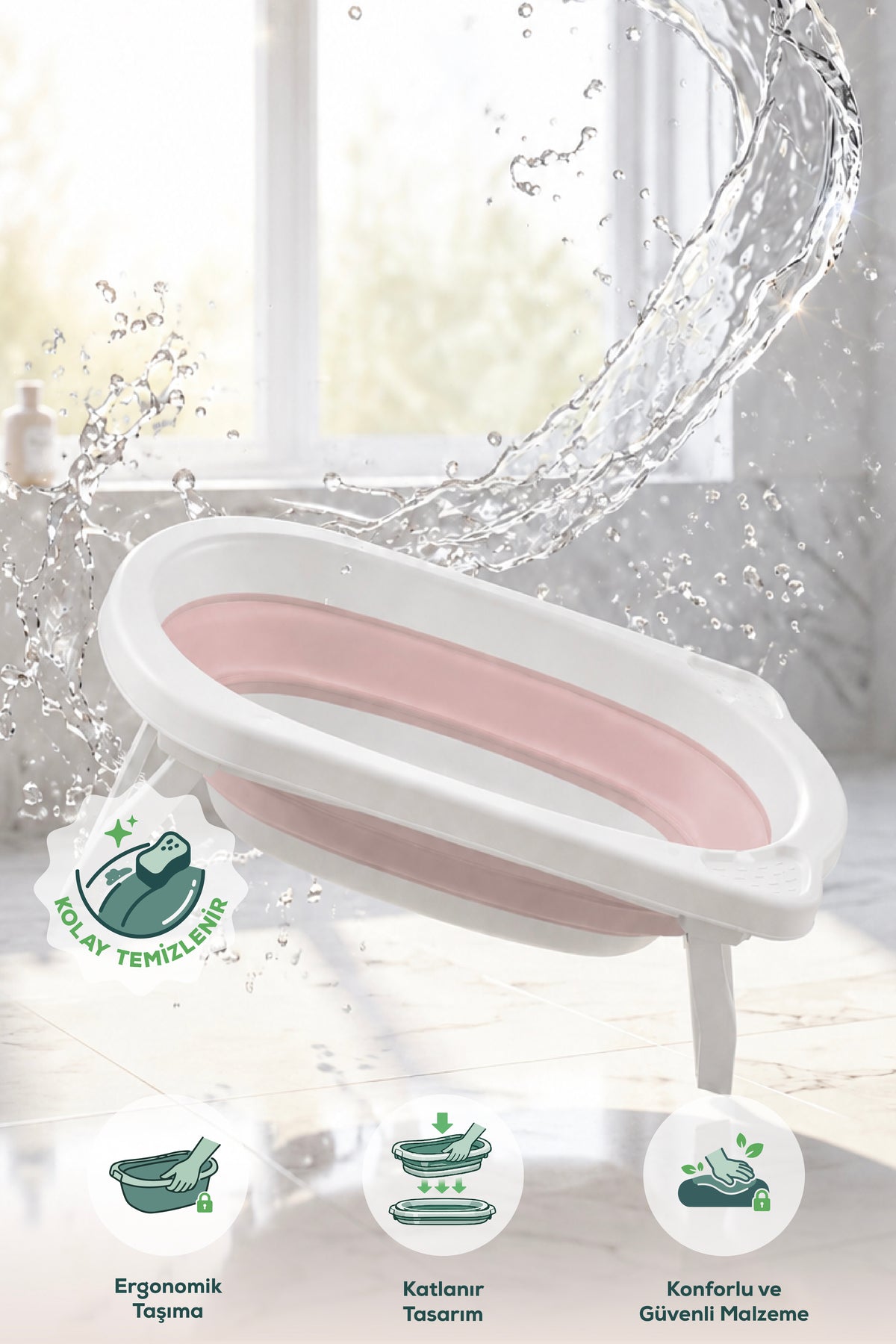 Katlanır Bebek Küveti-Katlanır Küvet, Portatif Bebek Küveti-Pembe