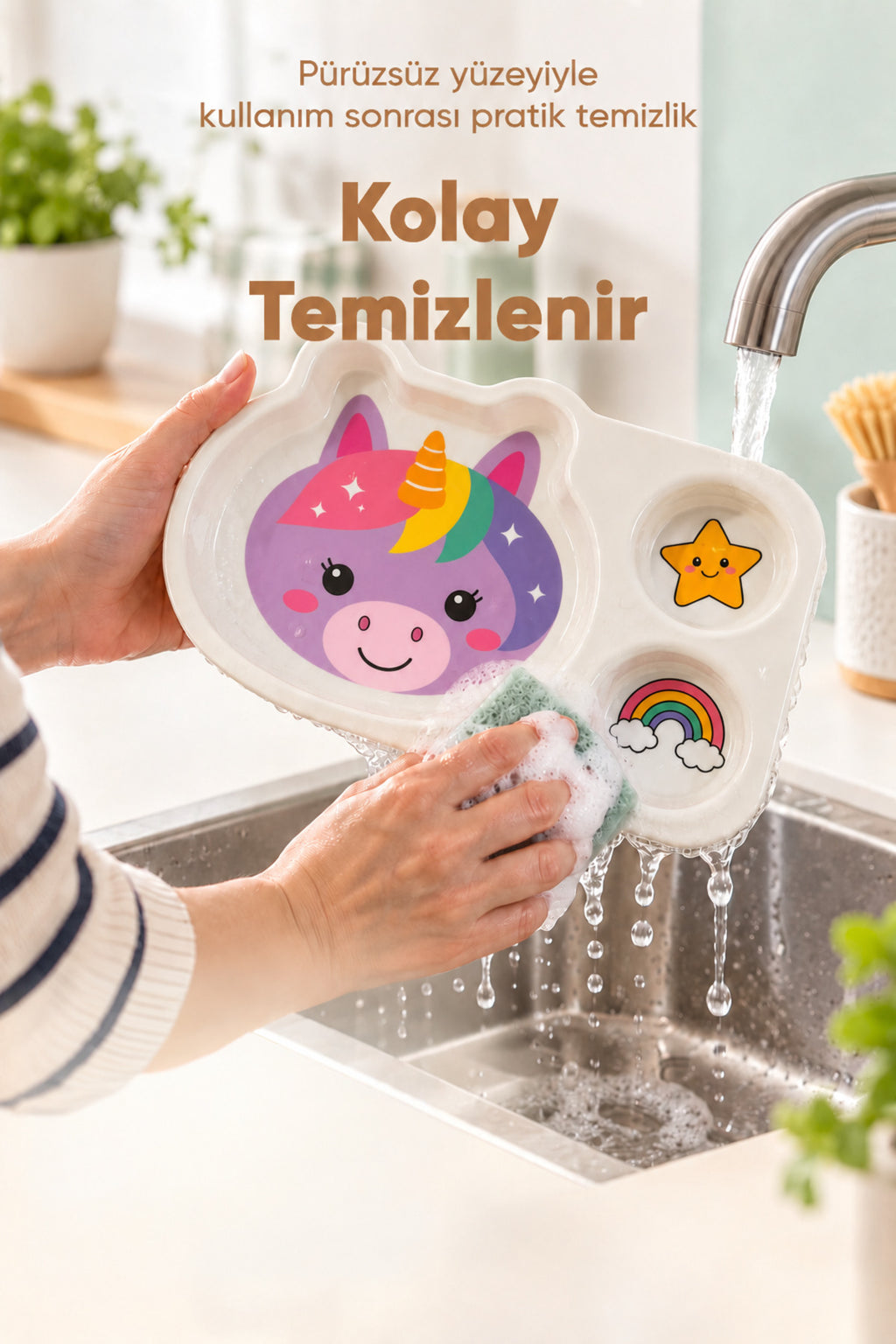 3 Bölmeli Hayvan Desenli Melamin Çocuk Tabağı-Ekstra Dayanıklı BPA Free Beslenme Tabağı- Unicorn