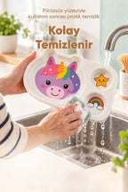 3 Bölmeli Hayvan Desenli Melamin Çocuk Tabağı-Ekstra Dayanıklı BPA Free Beslenme Tabağı- Unicorn
