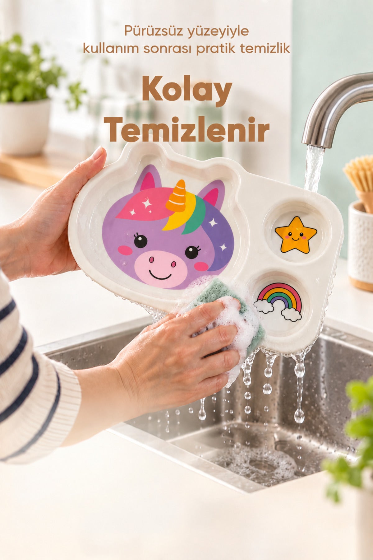 3 Bölmeli Hayvan Desenli Melamin Çocuk Tabağı-Ekstra Dayanıklı BPA Free Beslenme Tabağı- Unicorn