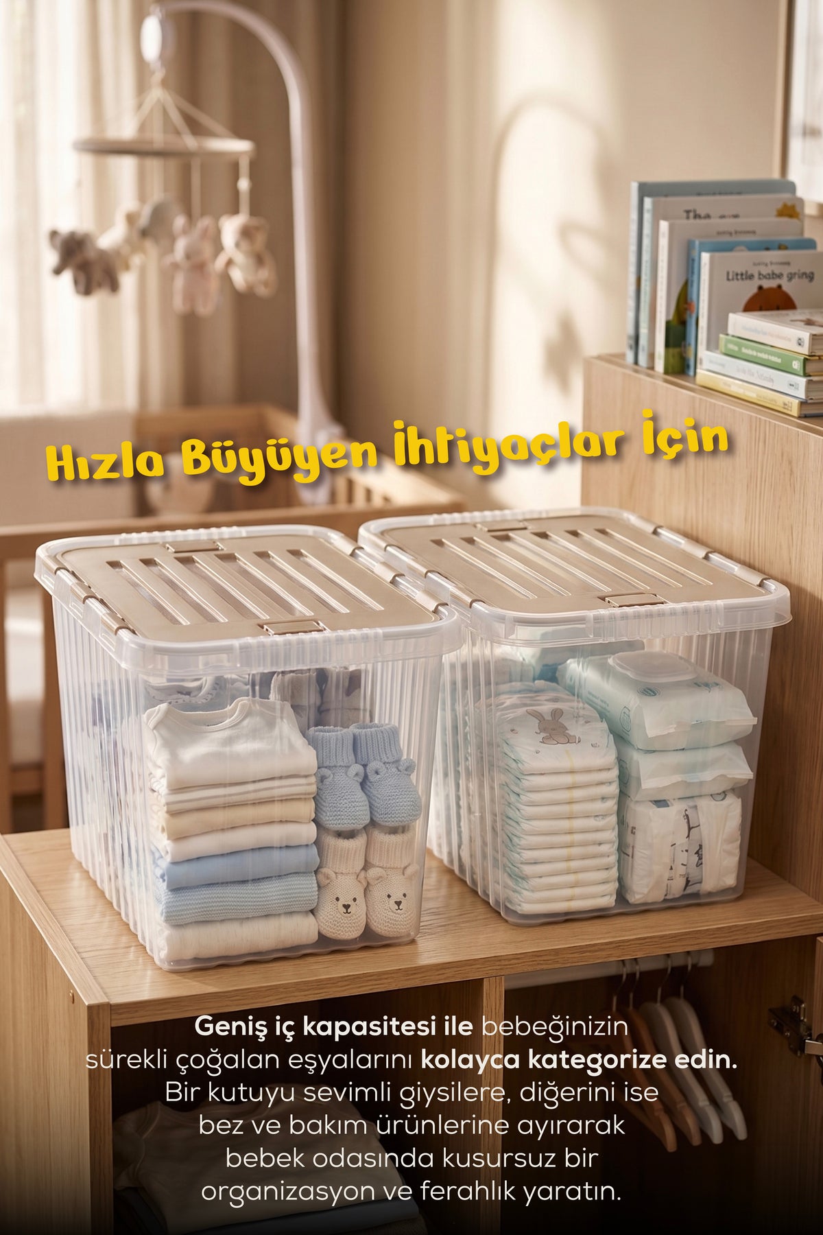 2 Adet Kilitli Kapak Oyuncak Saklama Kutusu - 16 Lt Çocuk Odası Düzenleyici, Oyuncak Saklama Kutusu-Bej