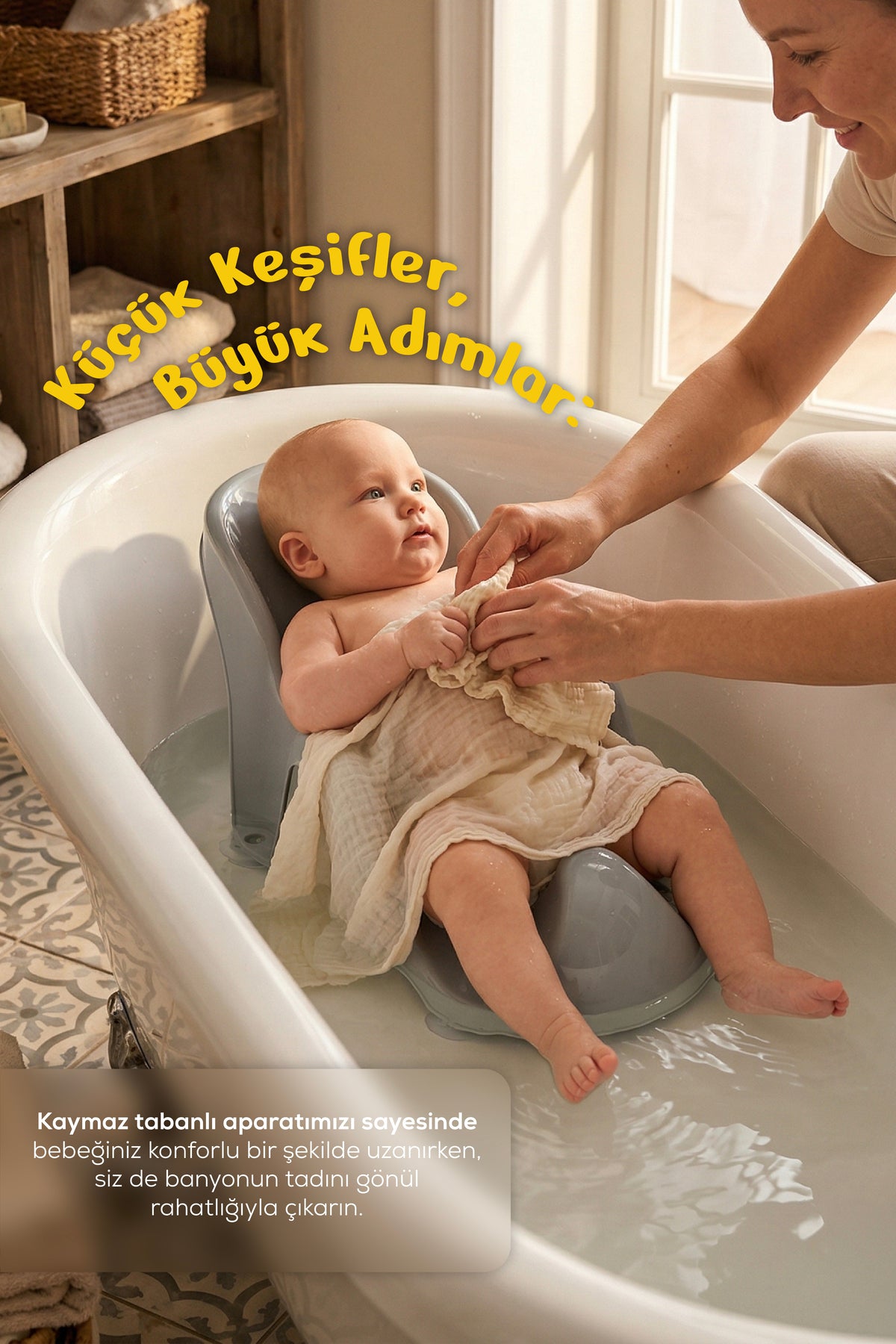 Vakumlu Bebek Yıkama Banyo Aparatı - Bebek Küvet Oturağı - Gri