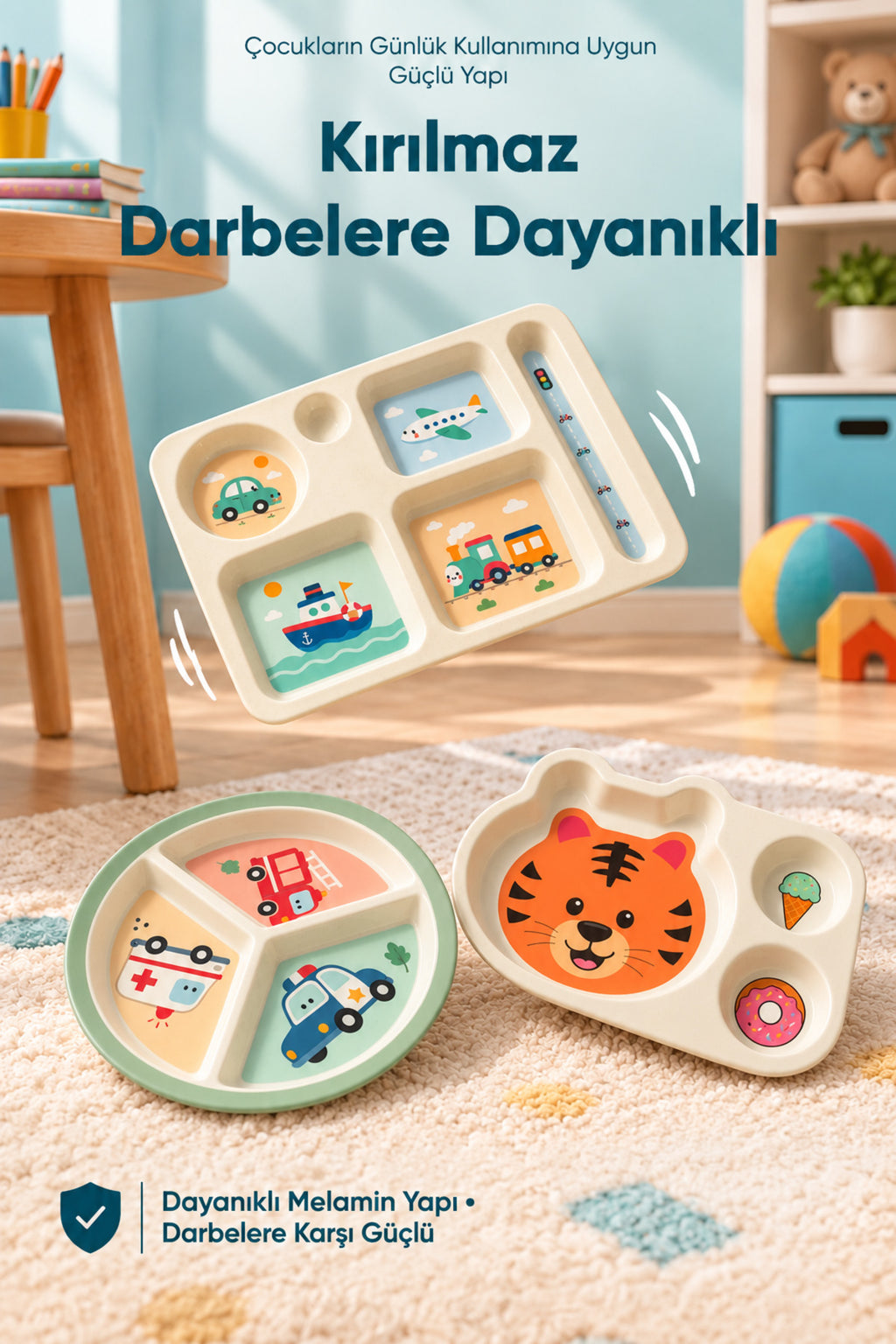3'lü Melamin Çocuk Tabağı - Ekstra Dayanıklı BPA Free Beslenme Seti- Kırılmaz Çocuk Beslenme Tabağı - BSH-158