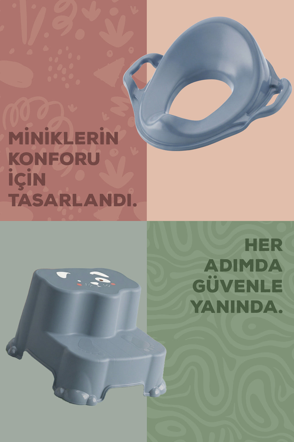 Çocuk Tuvalet Alıştırma Seti - Kaydırmaz 2 Katlı Basamak ve Kulplu Klozet Adaptörü-Mavi