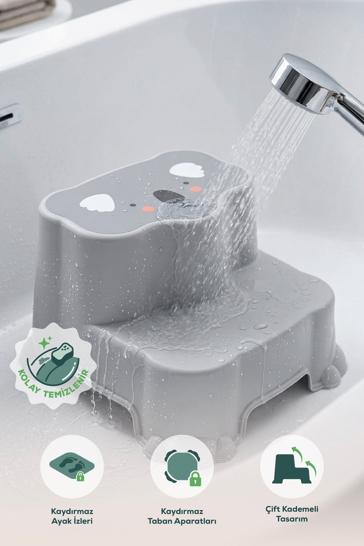 Kaydırmaz Çocuk Basamağı - Çift Katlı Banyo Merdiven Yükseltici Bebek Basamağı -Gri wumboo-color-gri